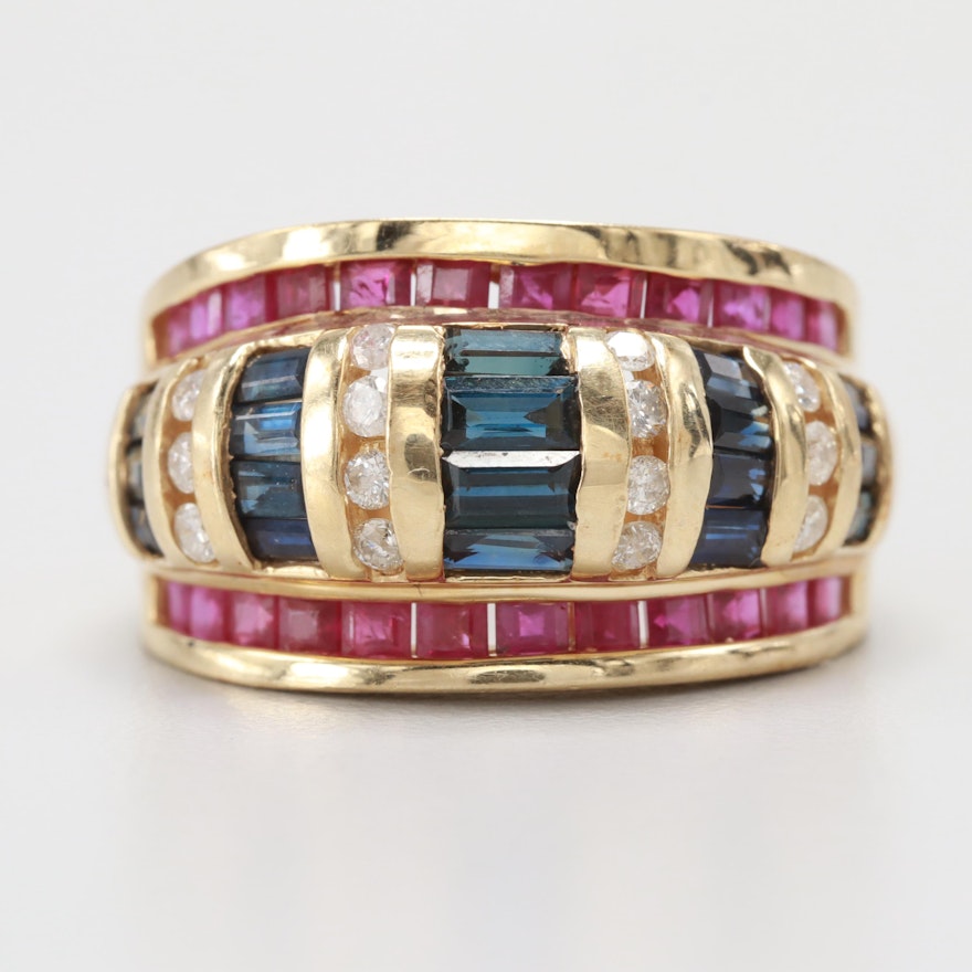 14K Yellow Gold Blue Sapphire, Ruby and Diamond Ring