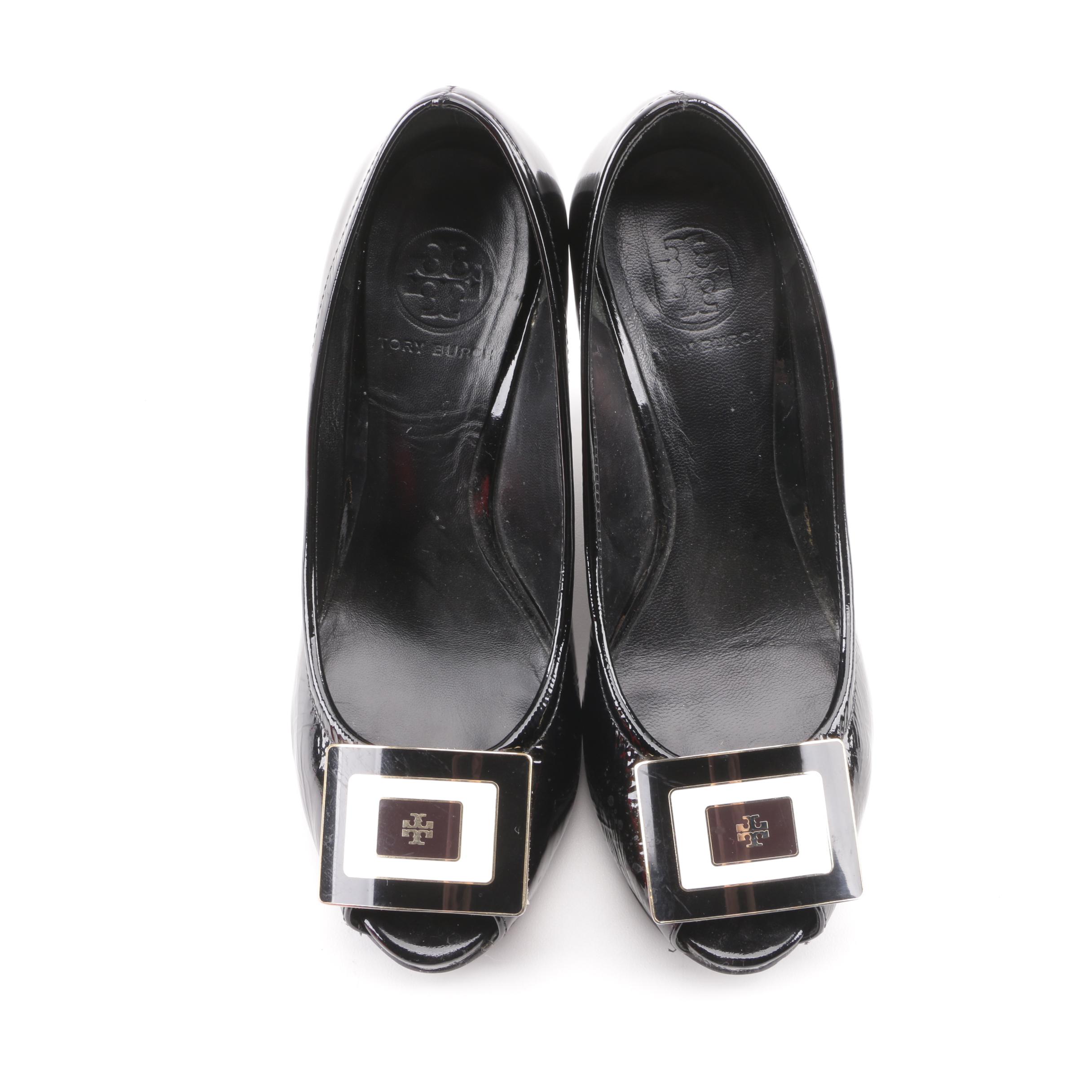 Tory Burch Black Patent Leather Peep-Toe Platform Wedge Pumps