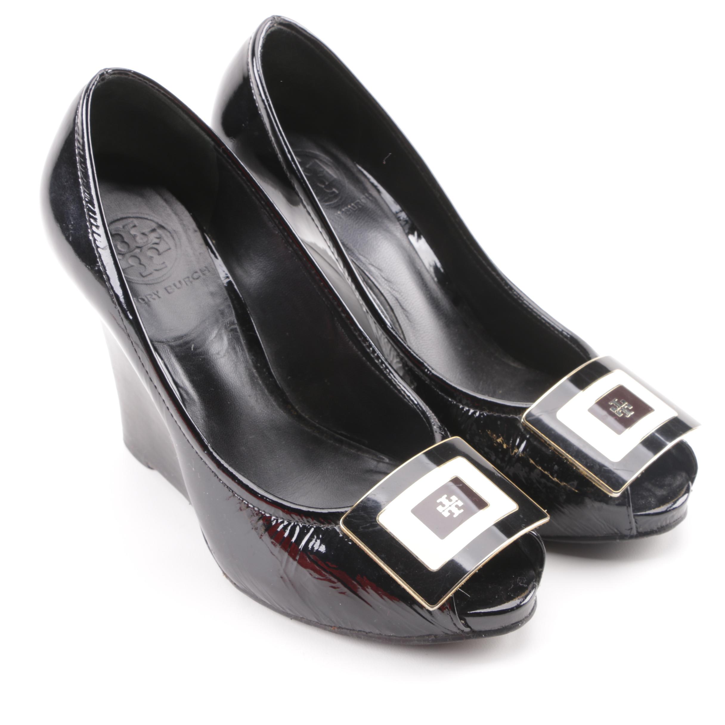 Tory Burch Black Patent Leather Peep-Toe Platform Wedge Pumps