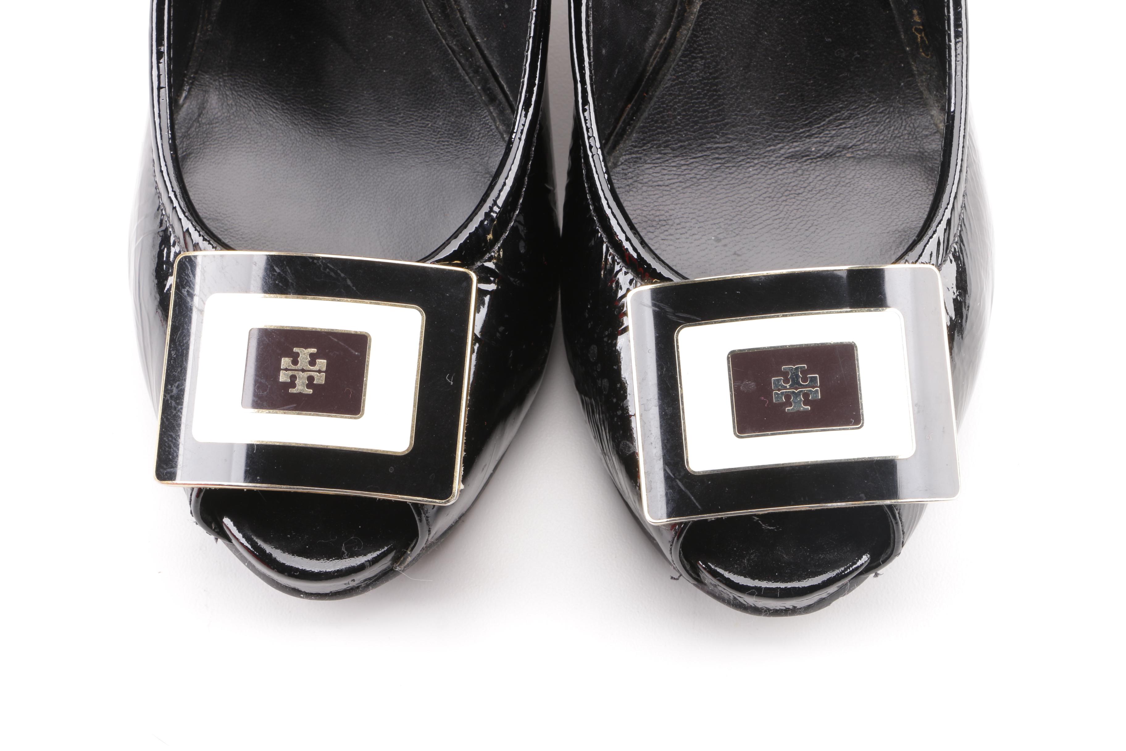 Tory Burch Black Patent Leather Peep-Toe Platform Wedge Pumps