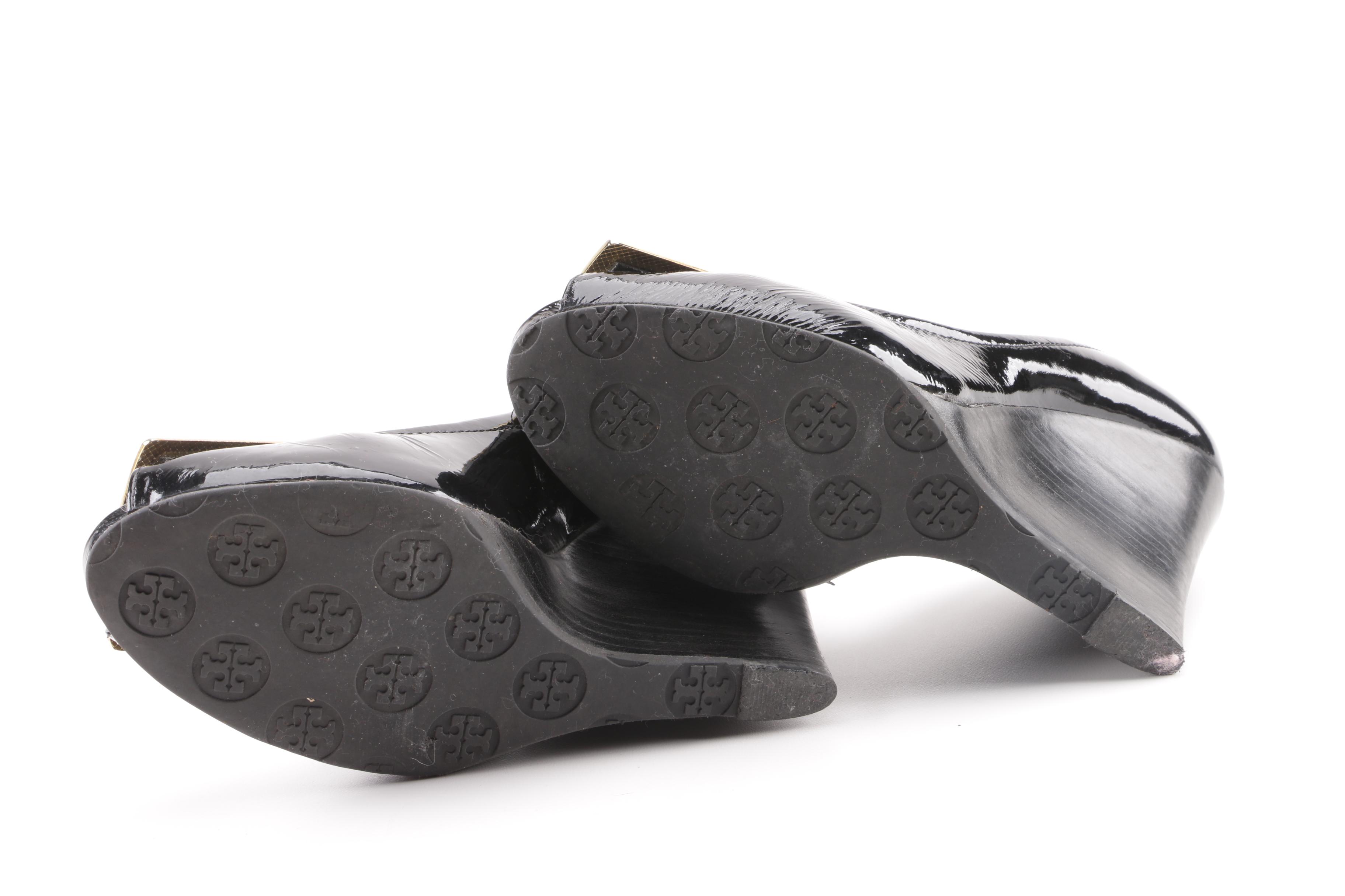 Tory Burch Black Patent Leather Peep-Toe Platform Wedge Pumps
