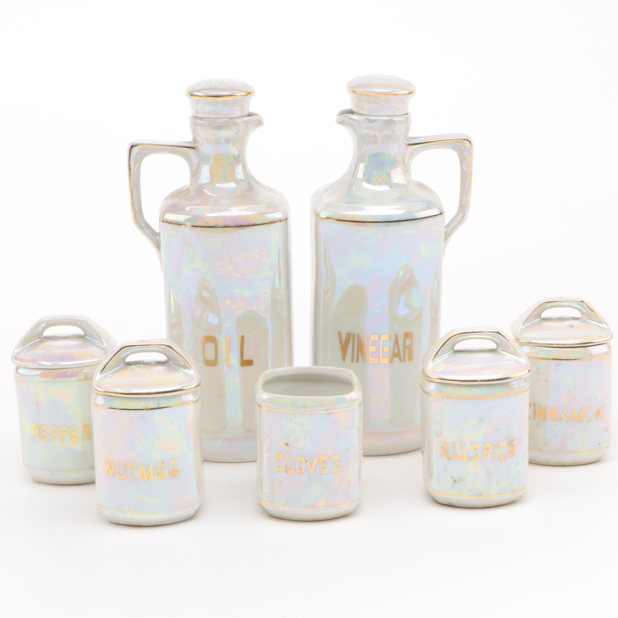 1920s United Porcelain Pearlescent Oil, Vinegar, and Spice Jar Set