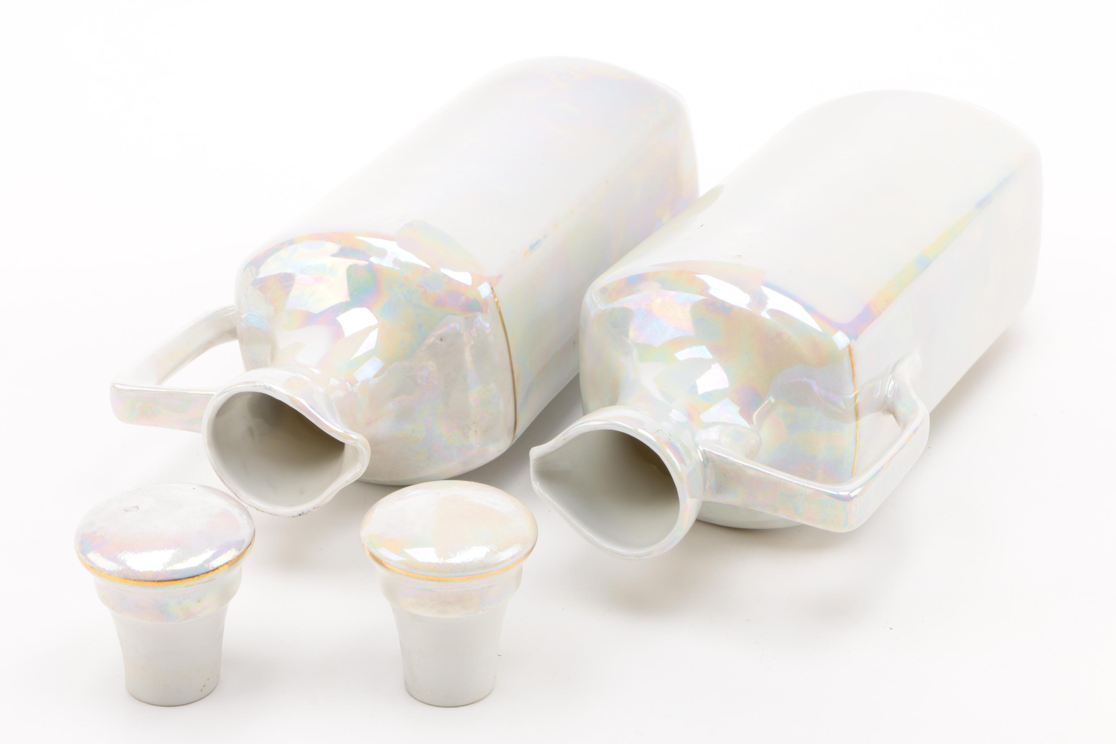 1920s United Porcelain Pearlescent Oil, Vinegar, and Spice Jar Set