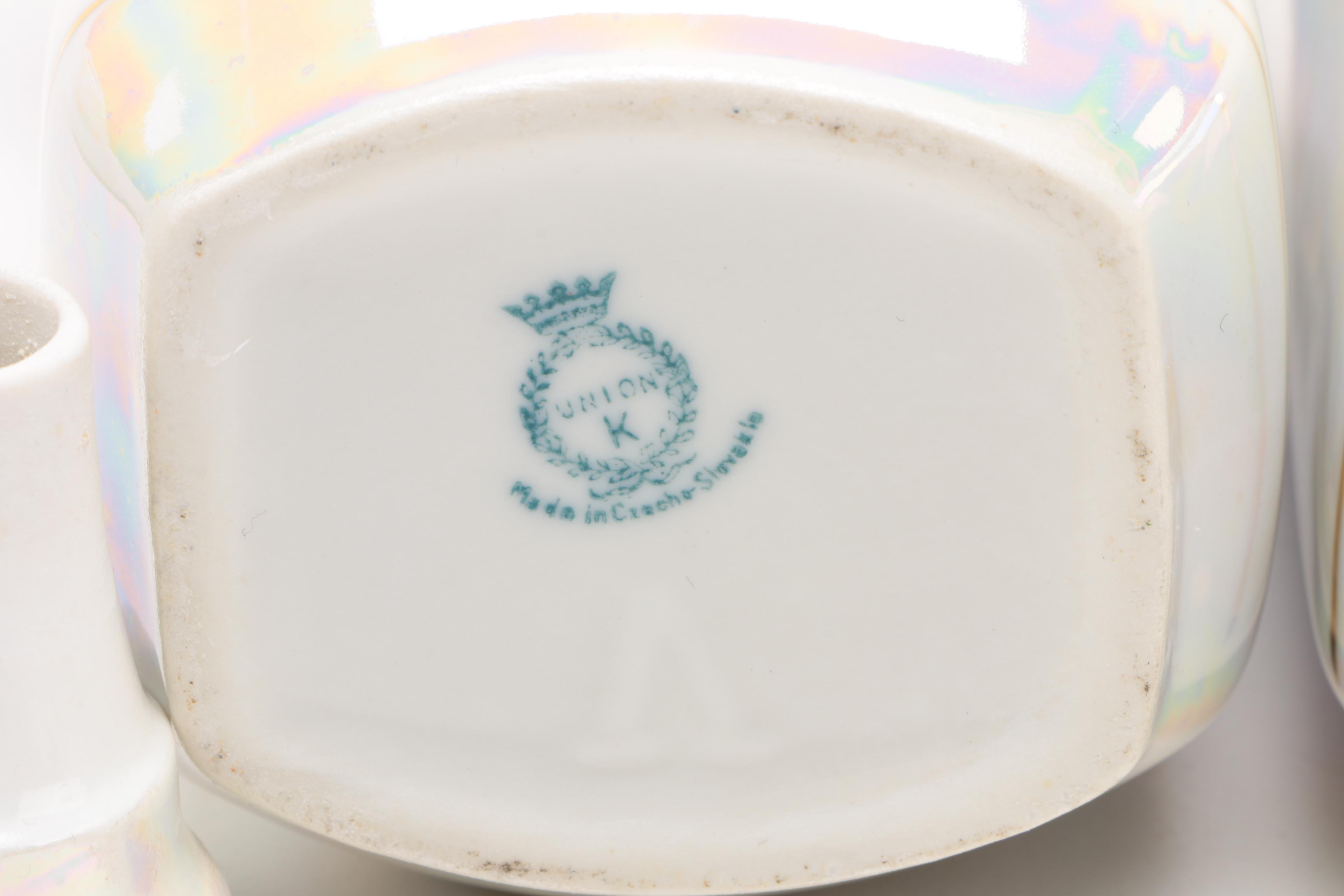 1920s United Porcelain Pearlescent Oil, Vinegar, and Spice Jar Set