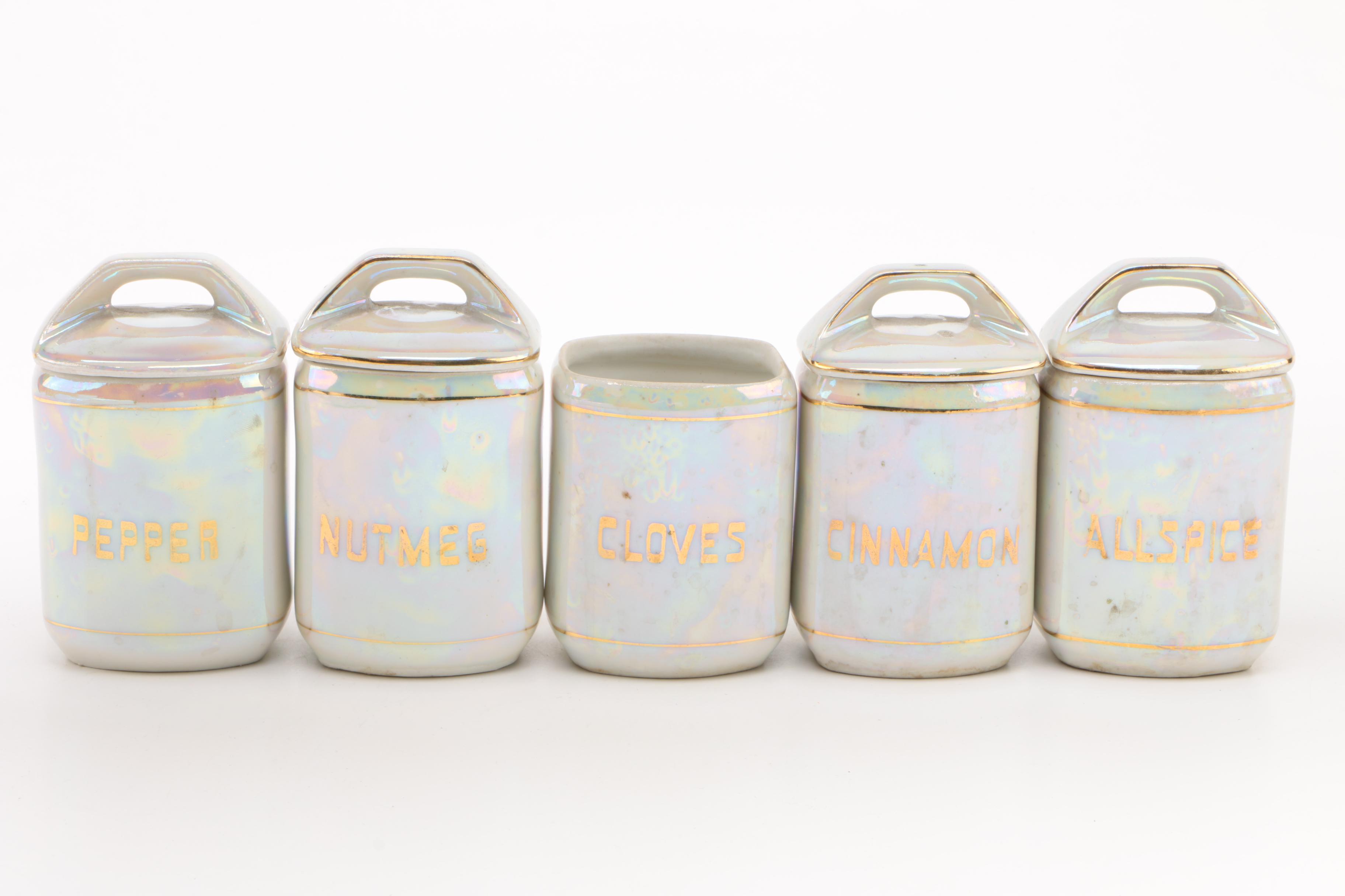 1920s United Porcelain Pearlescent Oil, Vinegar, and Spice Jar Set