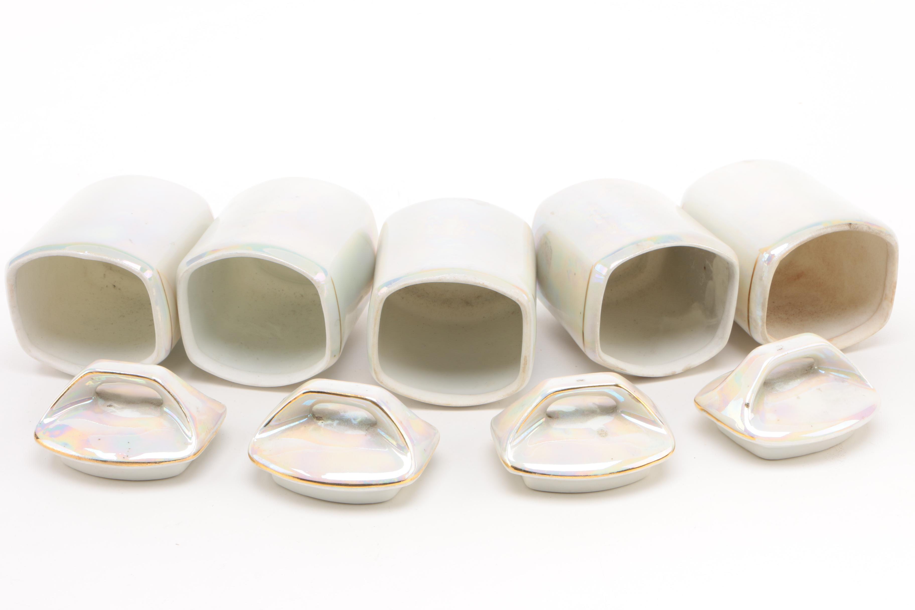 1920s United Porcelain Pearlescent Oil, Vinegar, and Spice Jar Set