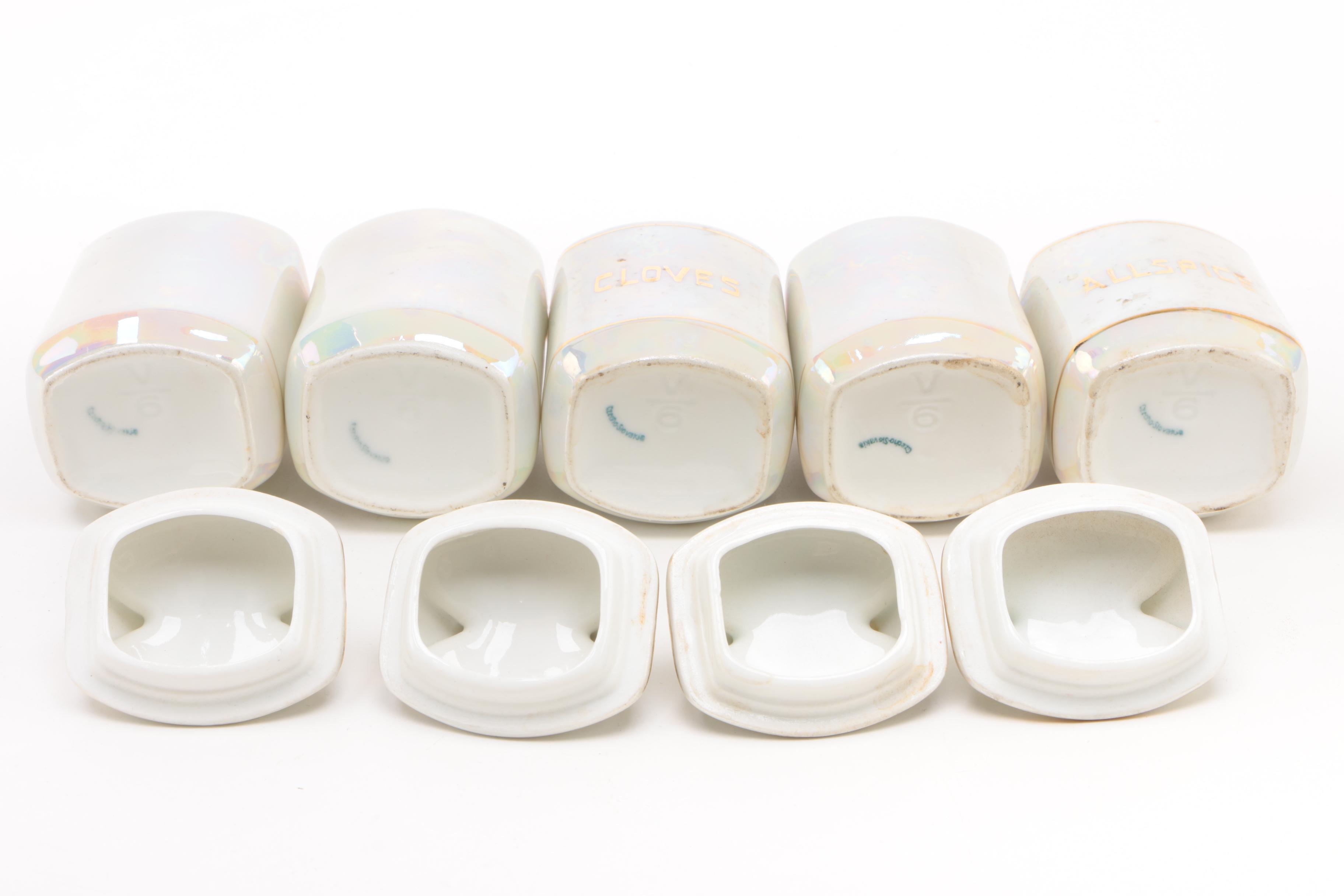 1920s United Porcelain Pearlescent Oil, Vinegar, and Spice Jar Set