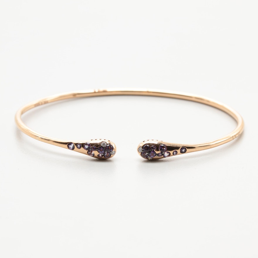 Italian 18K Rose Gold Diamond and Amethyst Open Bangle Bracelet