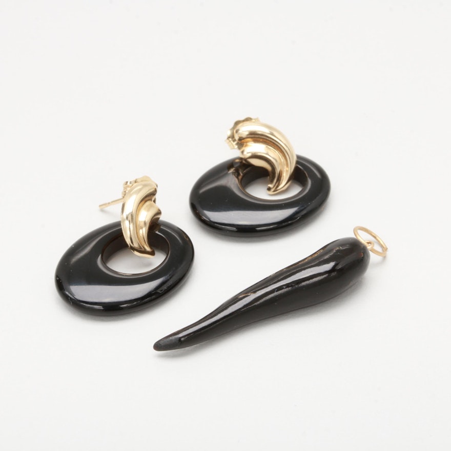14K Yellow Gold Black Onyx Earrings and Gold Tone Pendant
