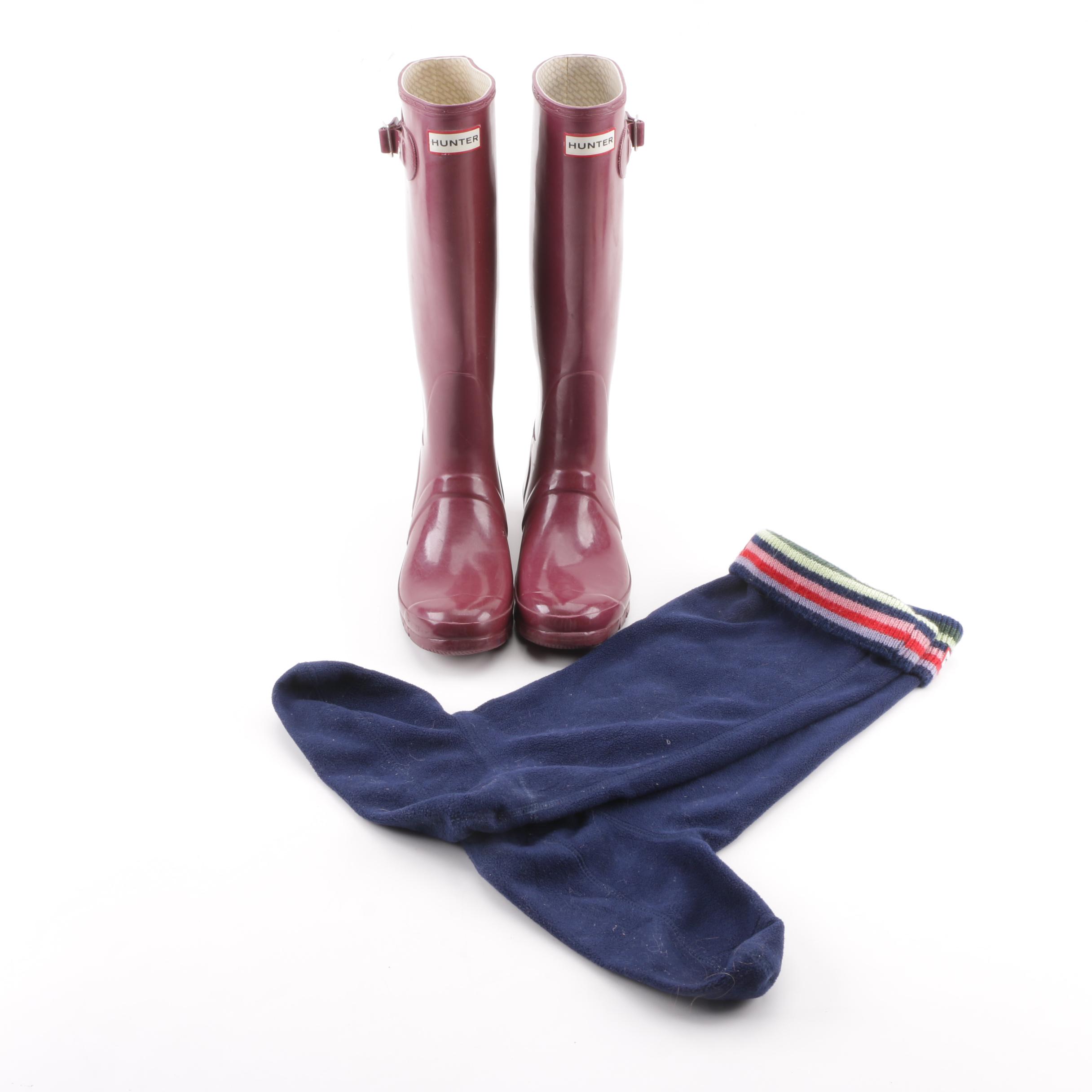 Hunter Original Tall Gloss Raspberry Rain Boots with Boot Socks
