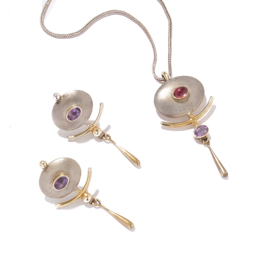 Sterling Silver Amethyst and Pink Tourmaline Necklace and Earrings