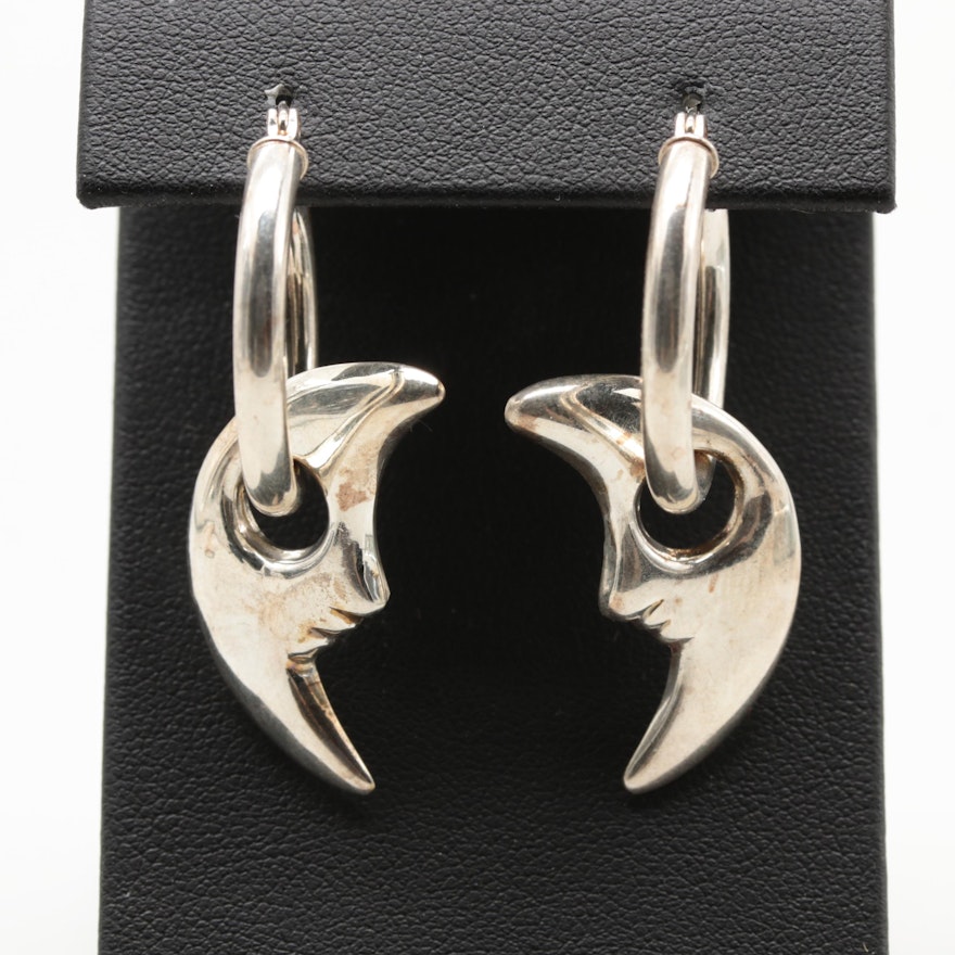 Sterling Silver Moon Face Hoop Earrings