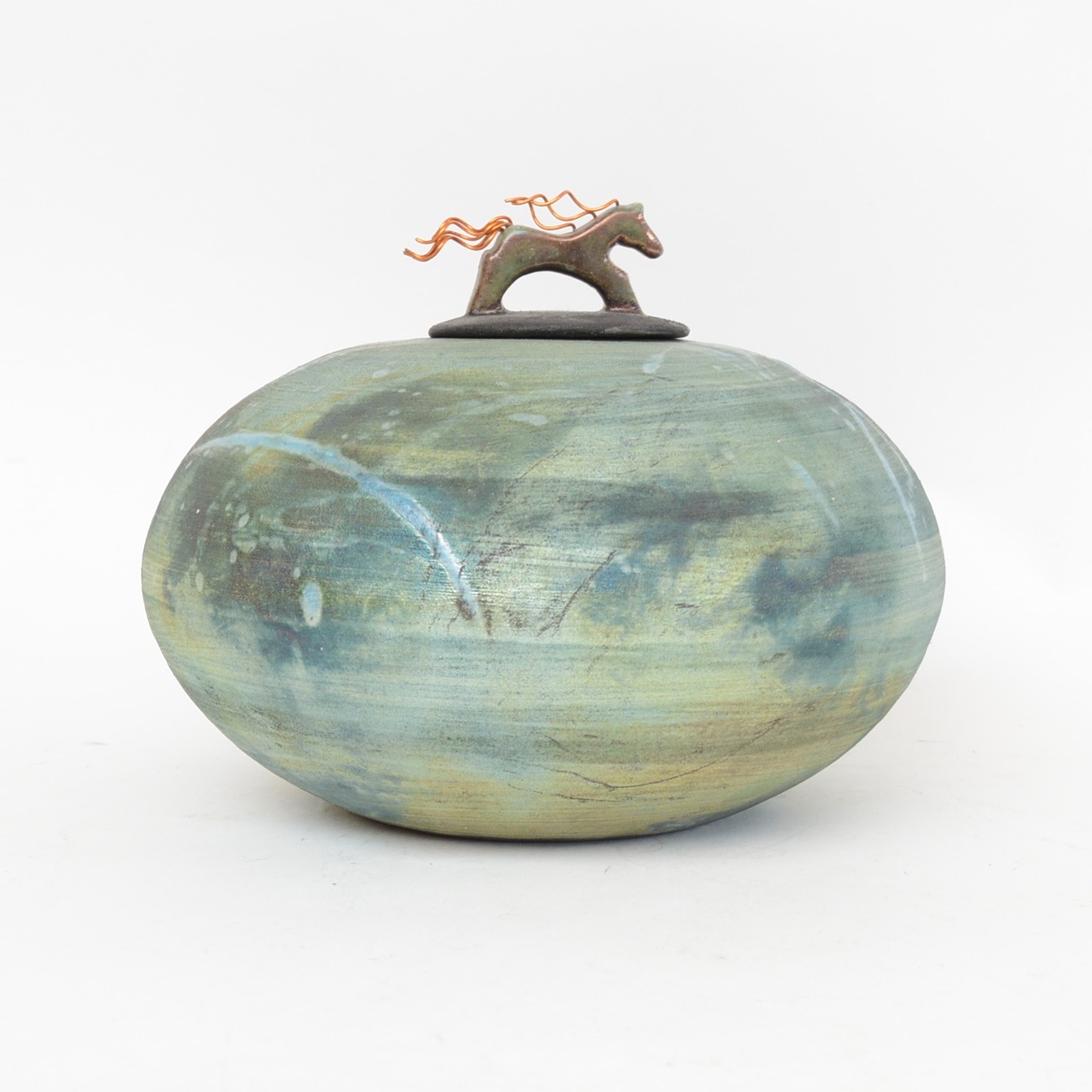 Jeremy Diller Raku Fired Copper Metallic Covered Vessel with Horse Finial