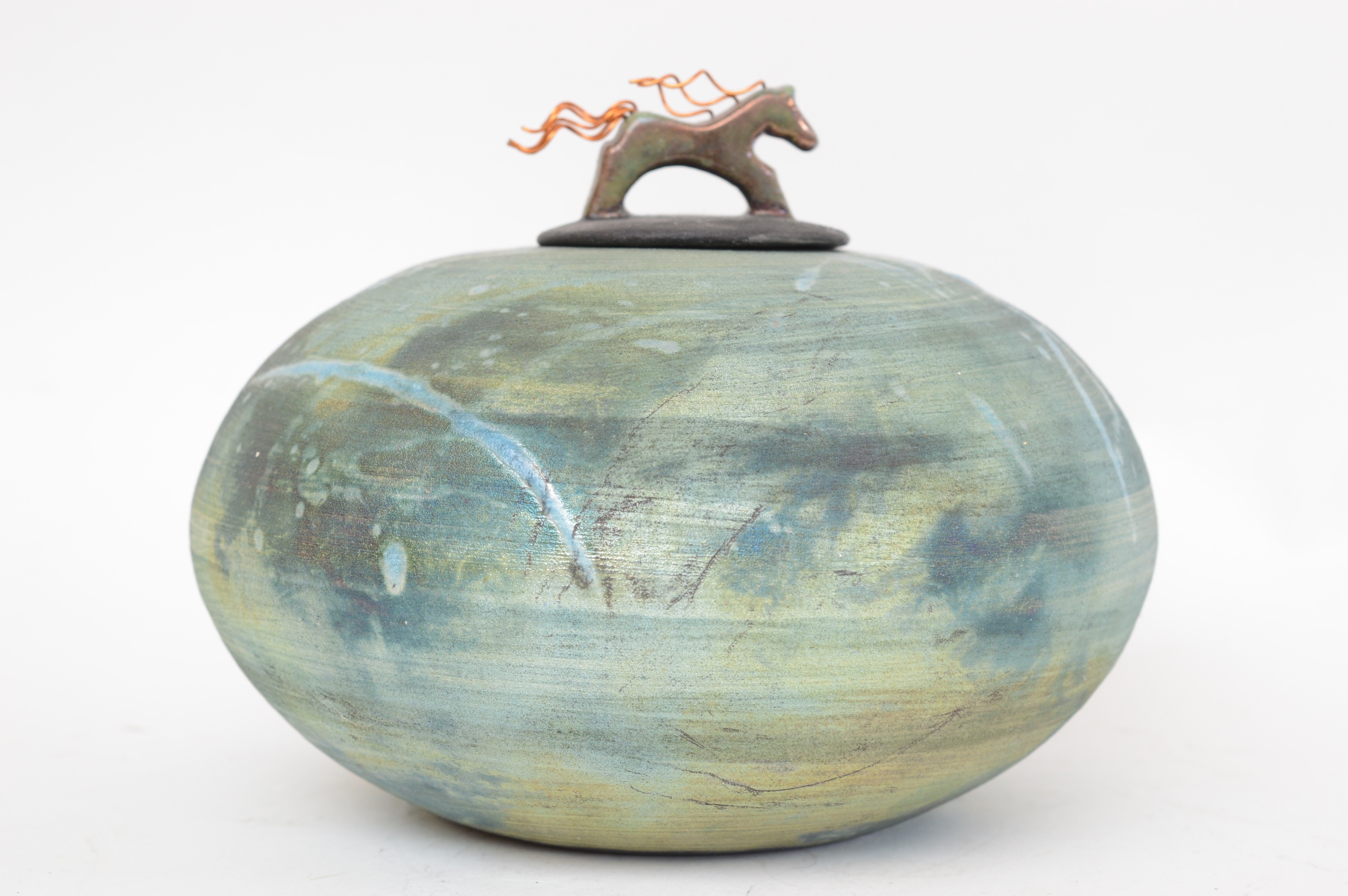 Jeremy Diller Raku Fired Copper Metallic Covered Vessel with Horse Finial