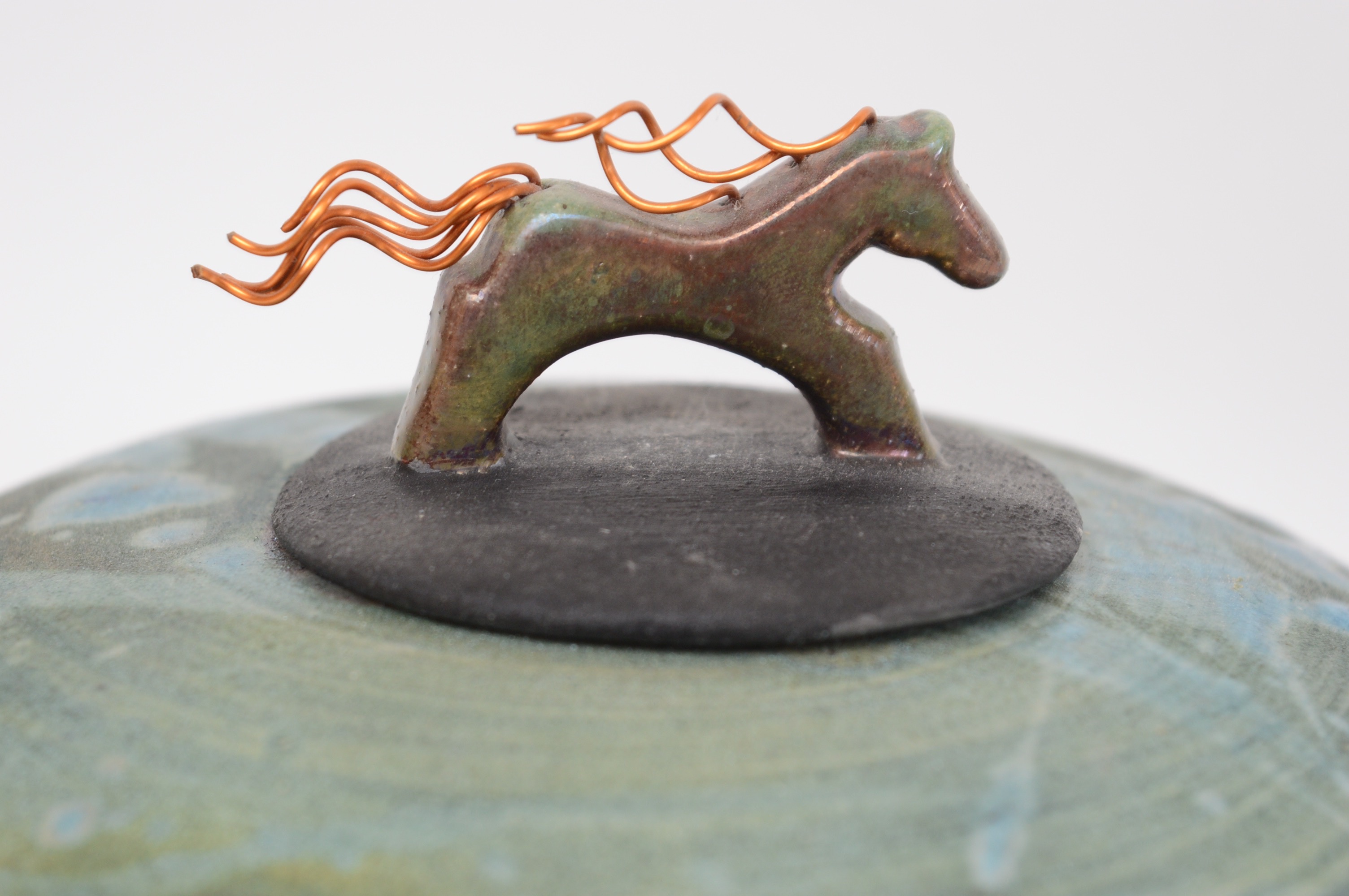 Jeremy Diller Raku Fired Copper Metallic Covered Vessel with Horse Finial