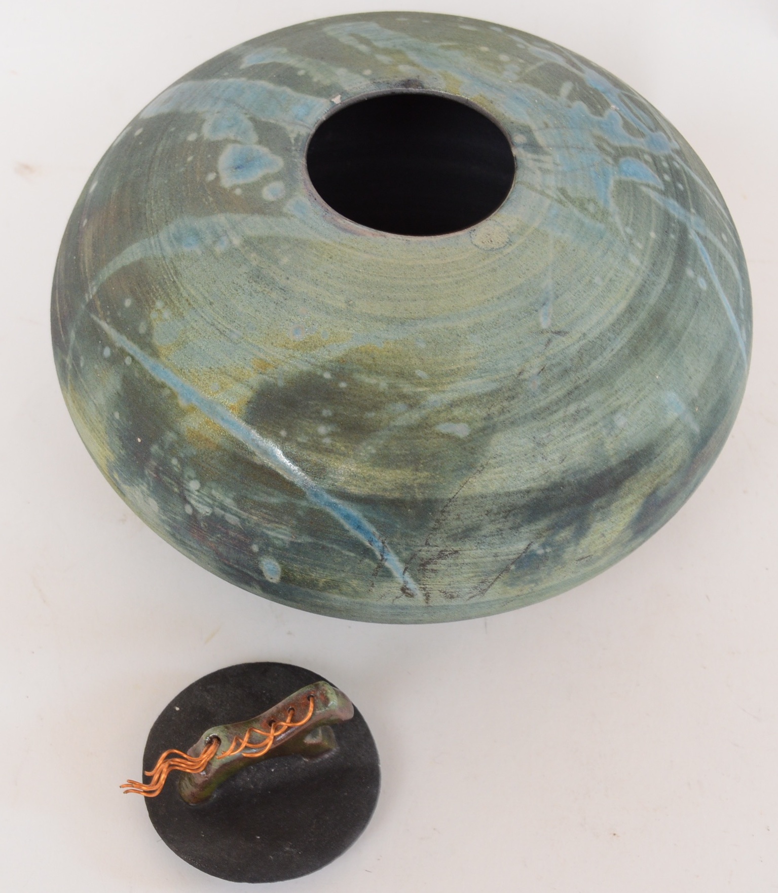 Jeremy Diller Raku Fired Copper Metallic Covered Vessel with Horse Finial