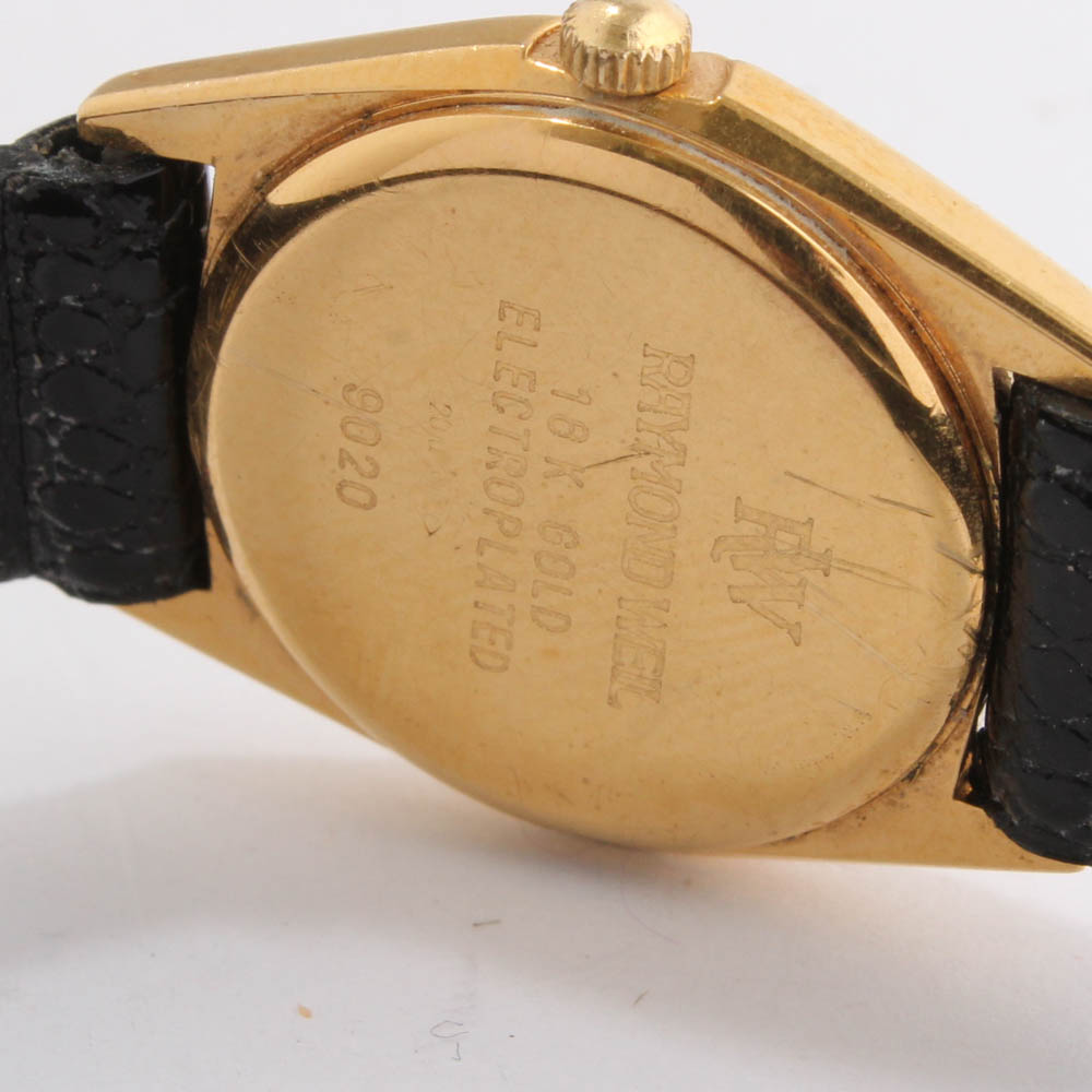 Raymond Weil "Othello" 18K Yellow Gold Electroplate and Black Leather Watch