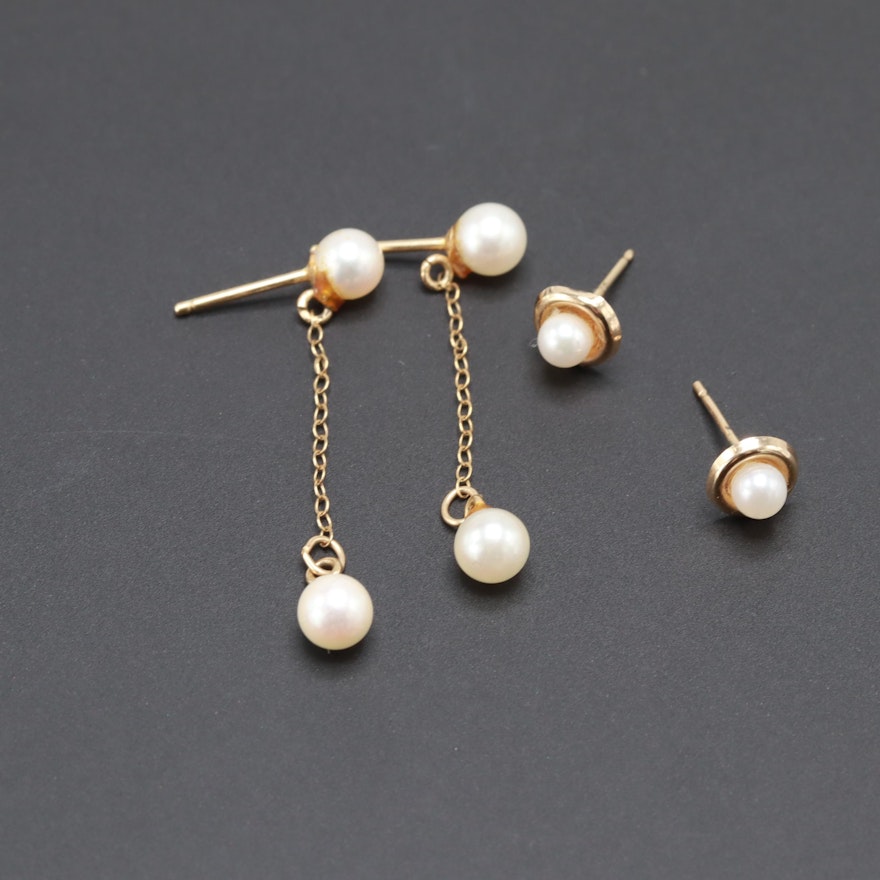 14K Yellow Gold Cultured Pearl Dangle and Stud Earrings