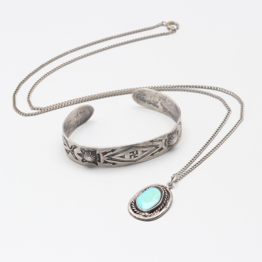 Sterling Silver Turquoise Pendant on Costume Chain and Sterling Silver Bracelet