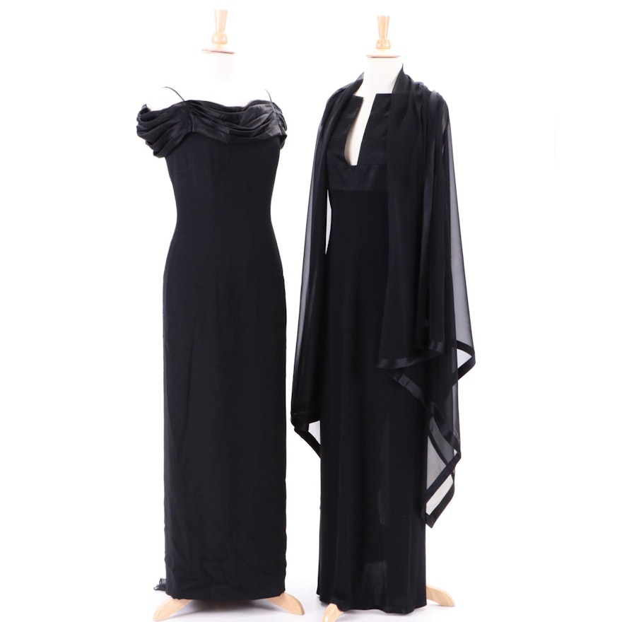 Women's Black Silk Evening Gowns Including Westcott with Matching Shawl
