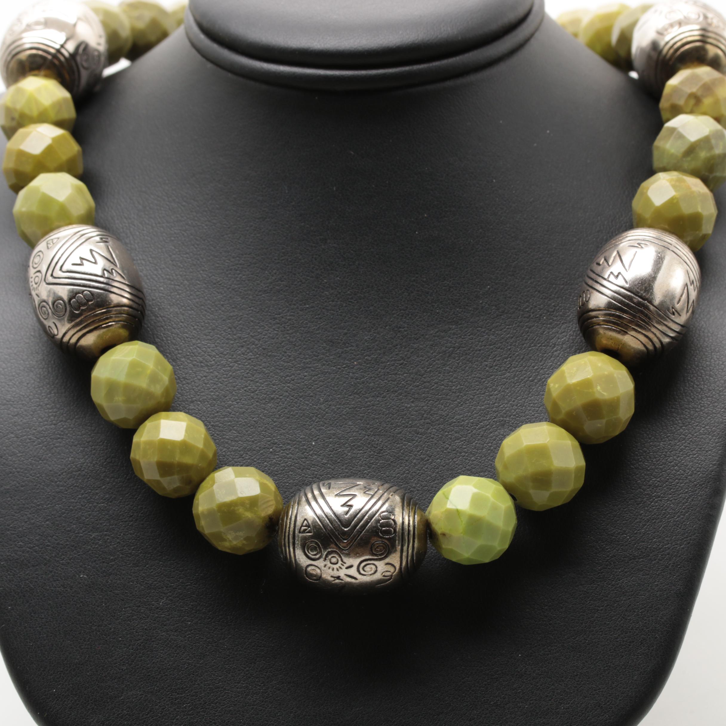 10K Yellow Gold Serpentine Necklace with Silver Tone Beads