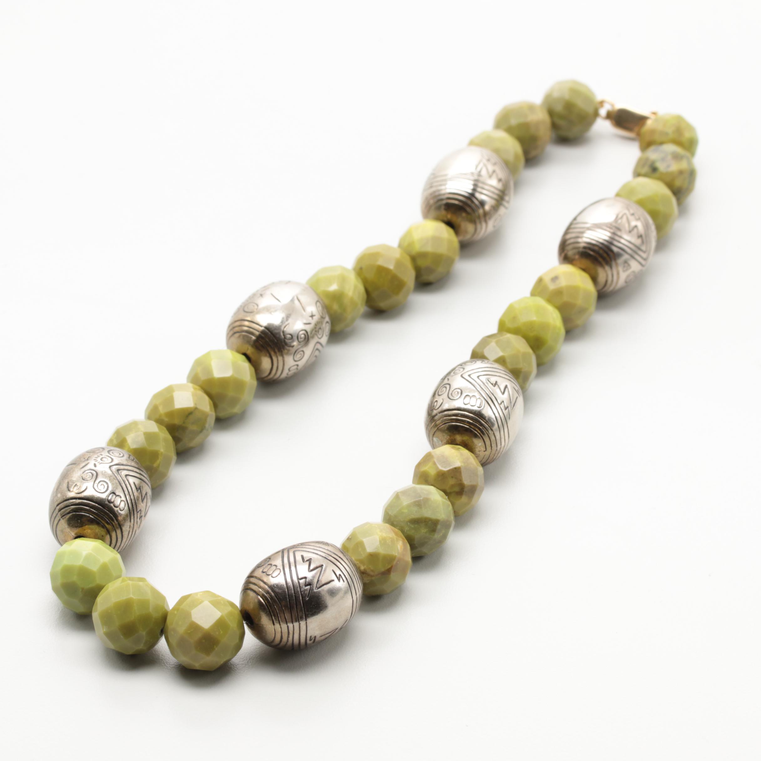 10K Yellow Gold Serpentine Necklace with Silver Tone Beads