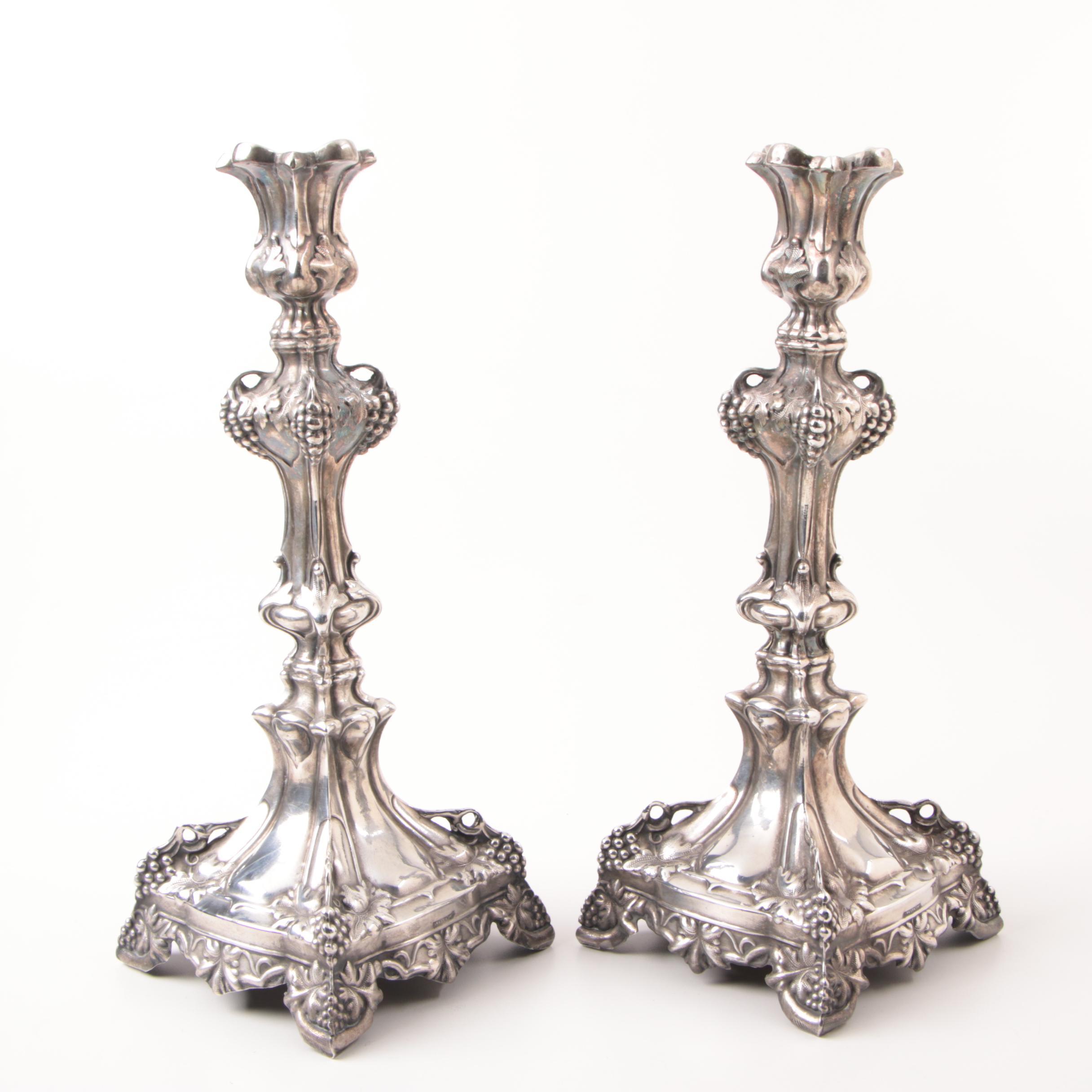Antique Roman Plewkiewicz & Company Silver Plate Grape Motif Candlesticks