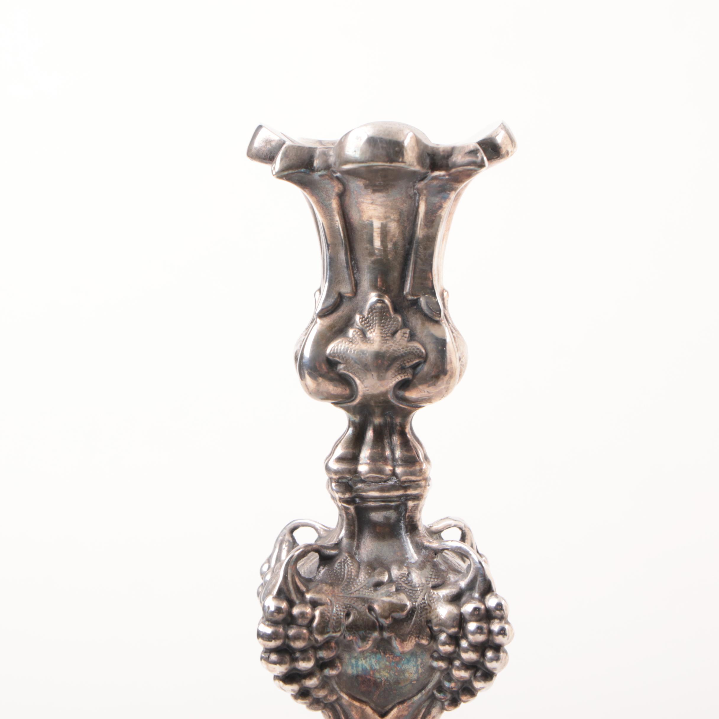 Antique Roman Plewkiewicz & Company Silver Plate Grape Motif Candlesticks