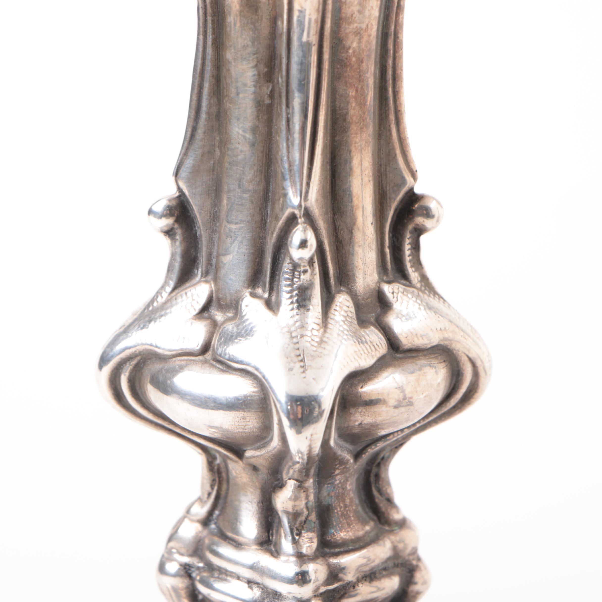 Antique Roman Plewkiewicz & Company Silver Plate Grape Motif Candlesticks