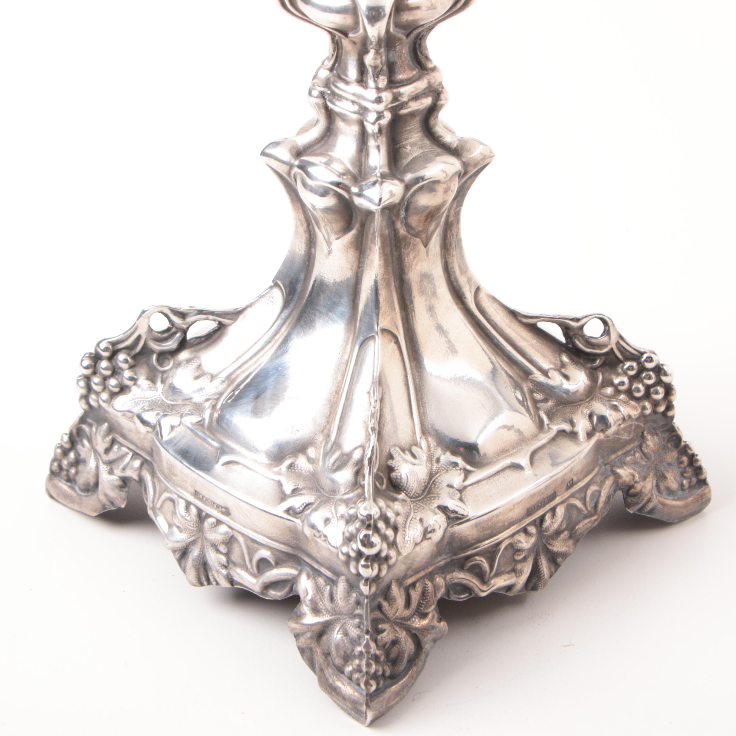 Antique Roman Plewkiewicz & Company Silver Plate Grape Motif Candlesticks