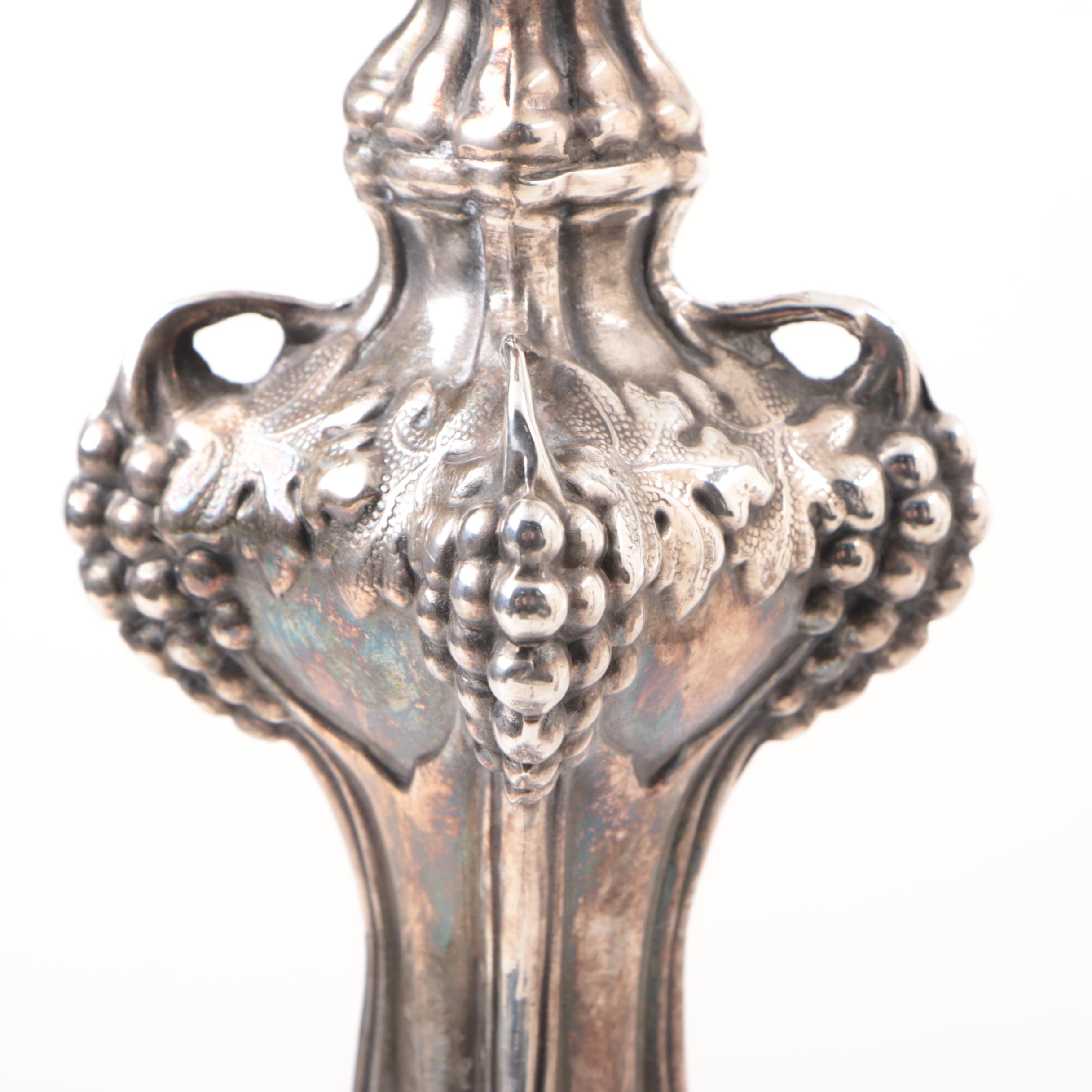 Antique Roman Plewkiewicz & Company Silver Plate Grape Motif Candlesticks