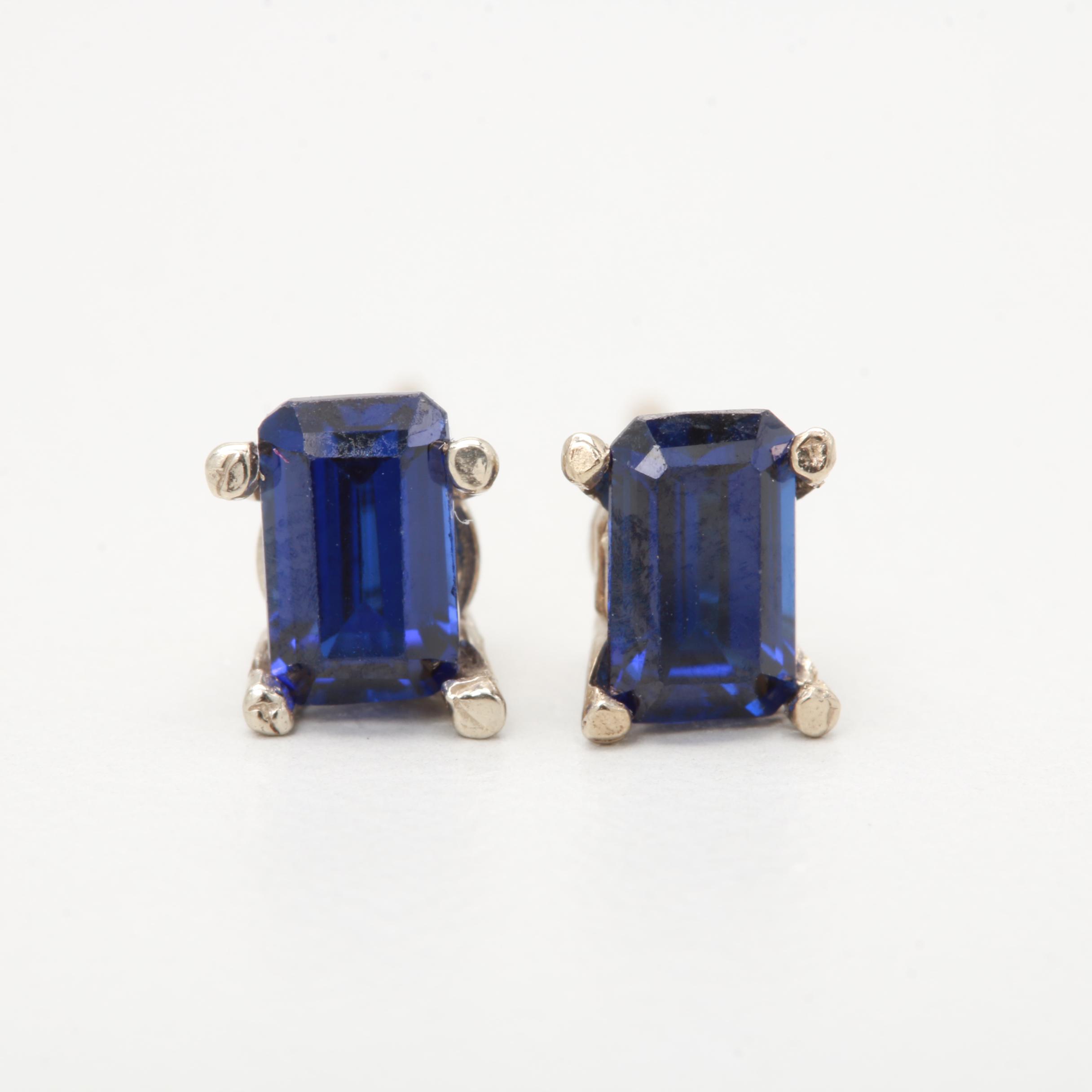 14K White Gold Synthetic Sapphire Stud Earrings