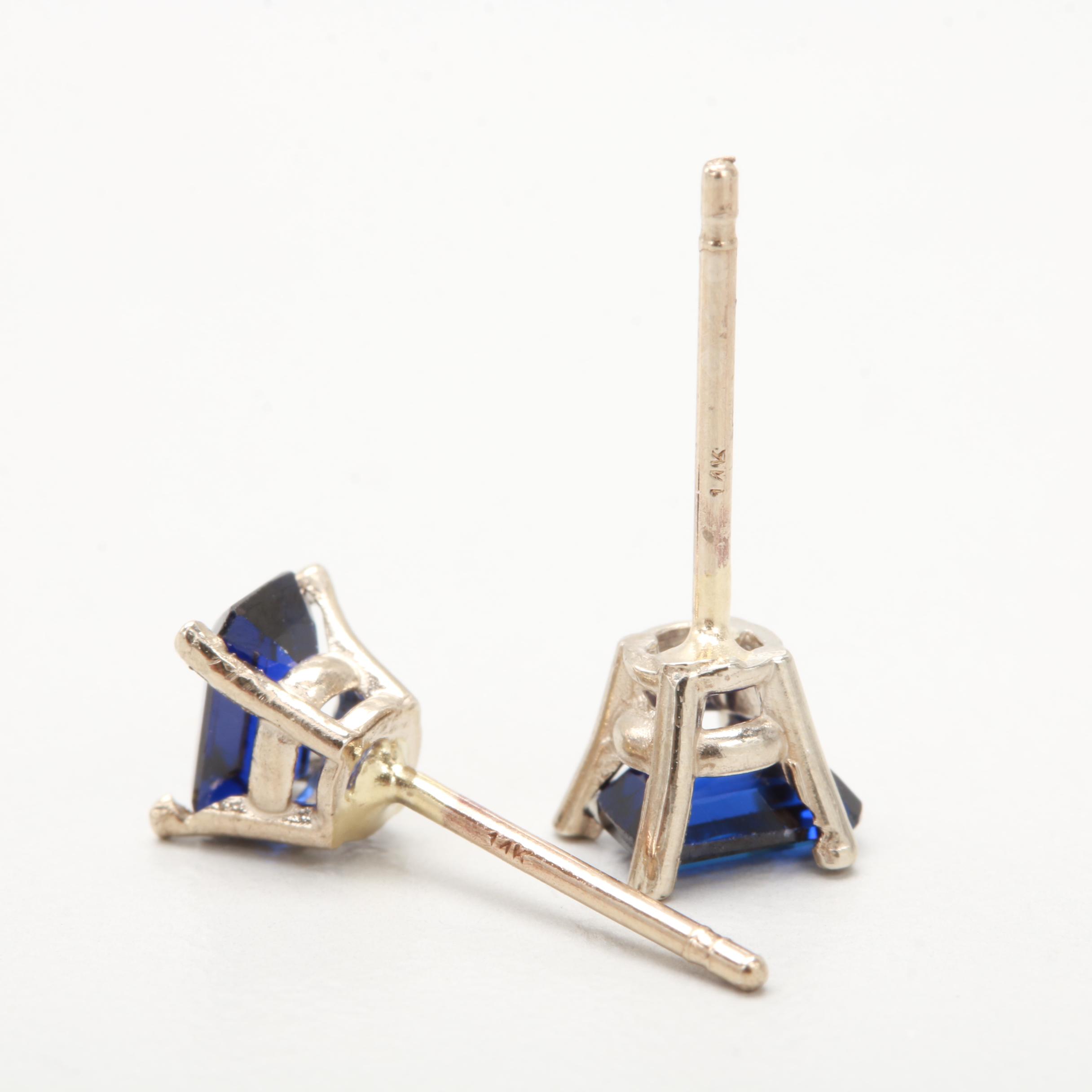 14K White Gold Synthetic Sapphire Stud Earrings