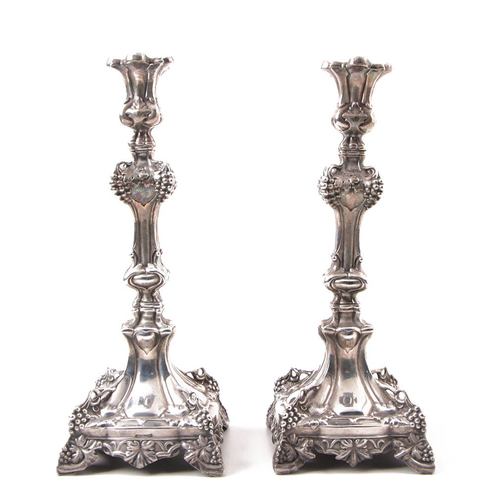 Antique Roman Plewkiewicz & Company Silver Plate Grape Motif Candlesticks