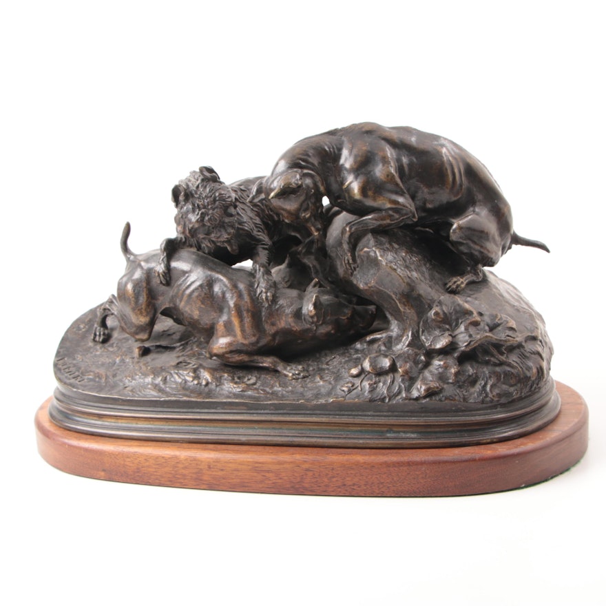Pierre Jules Mène Bronze Sculpture "Three Hunting Dogs"