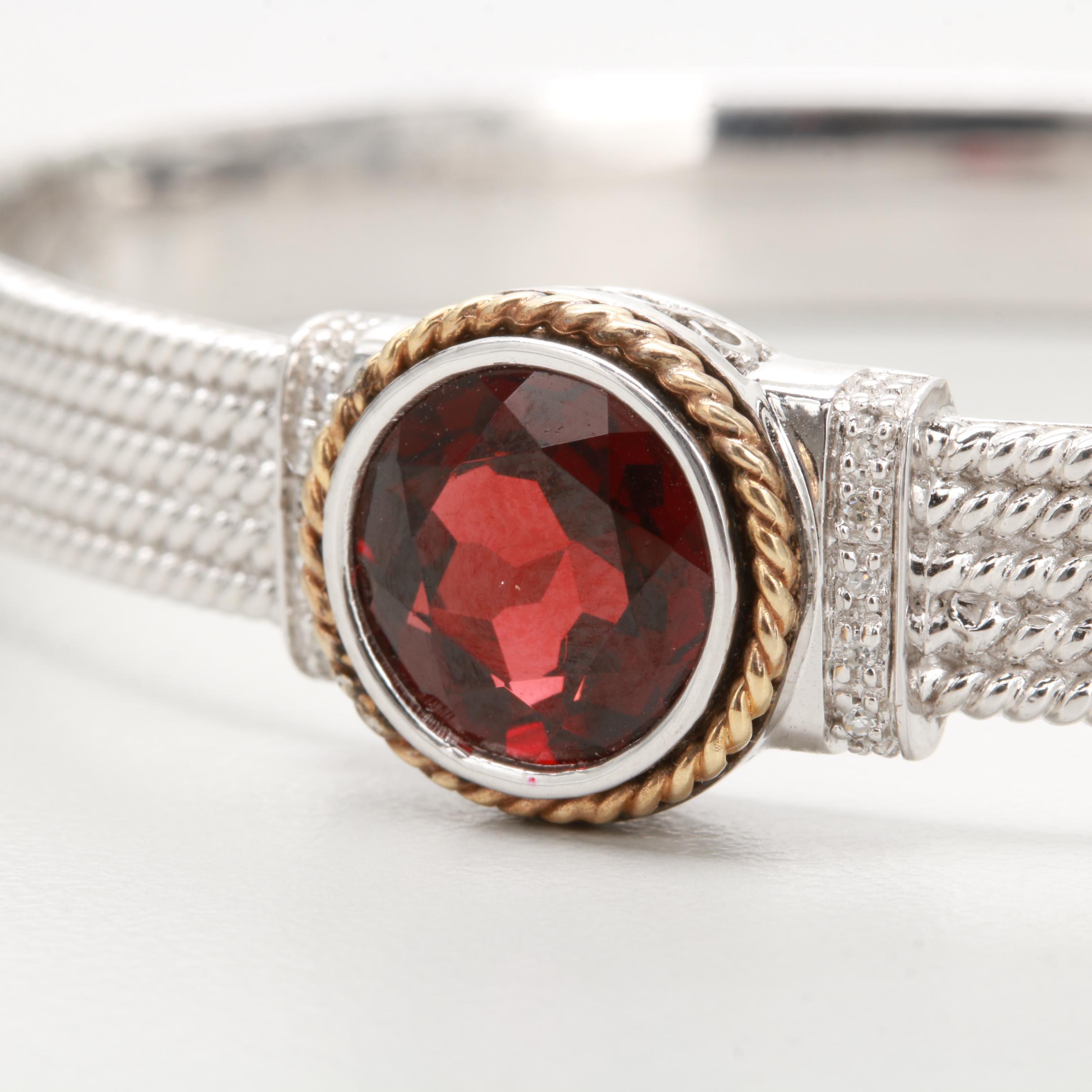 Sterling Silver Garnet and Diamond Bracelet with 14K Yellow Gold Accent