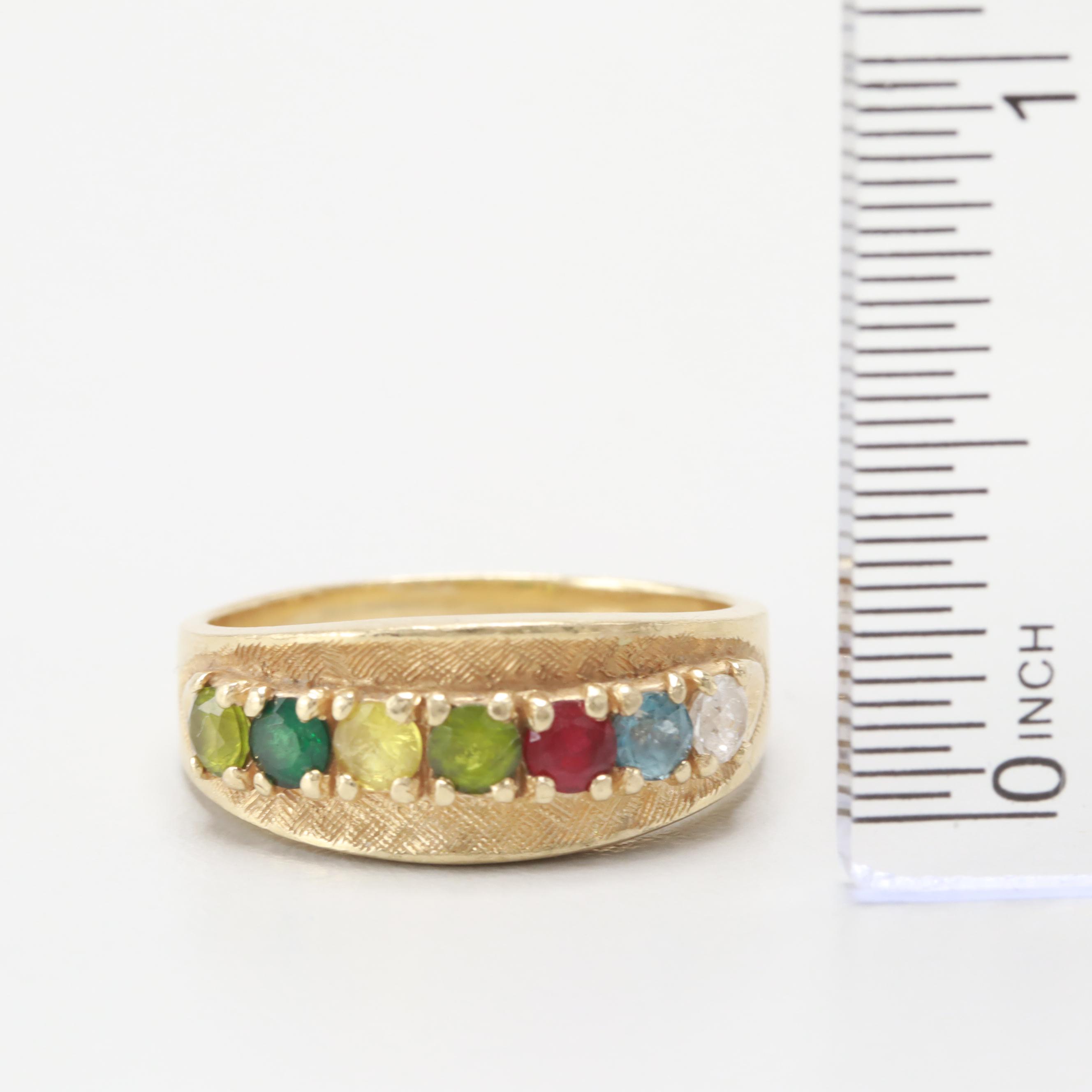 14K Yellow Gold Peridot, Synthetic Spinel and Synthetic Ruby Ring