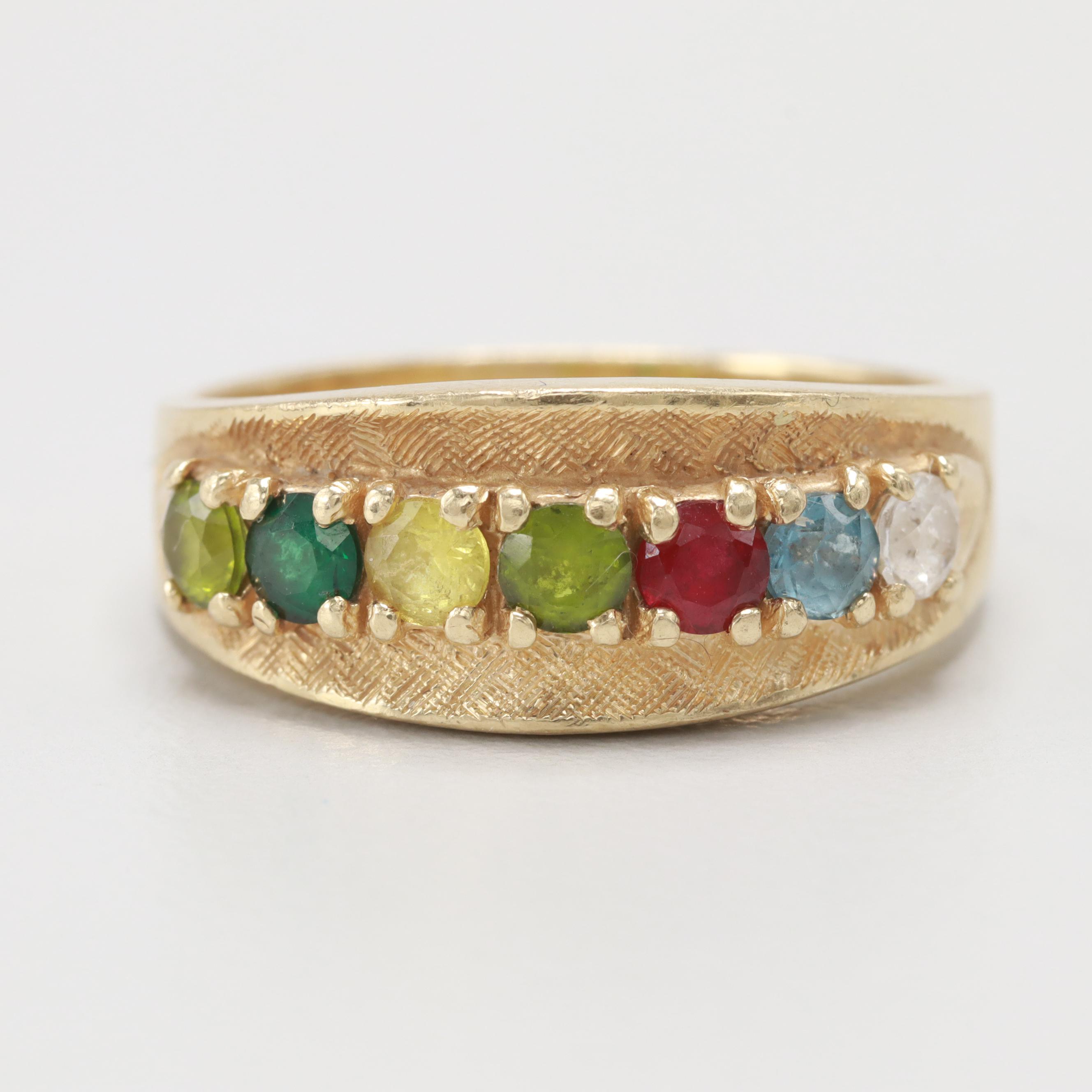 14K Yellow Gold Peridot, Synthetic Spinel and Synthetic Ruby Ring