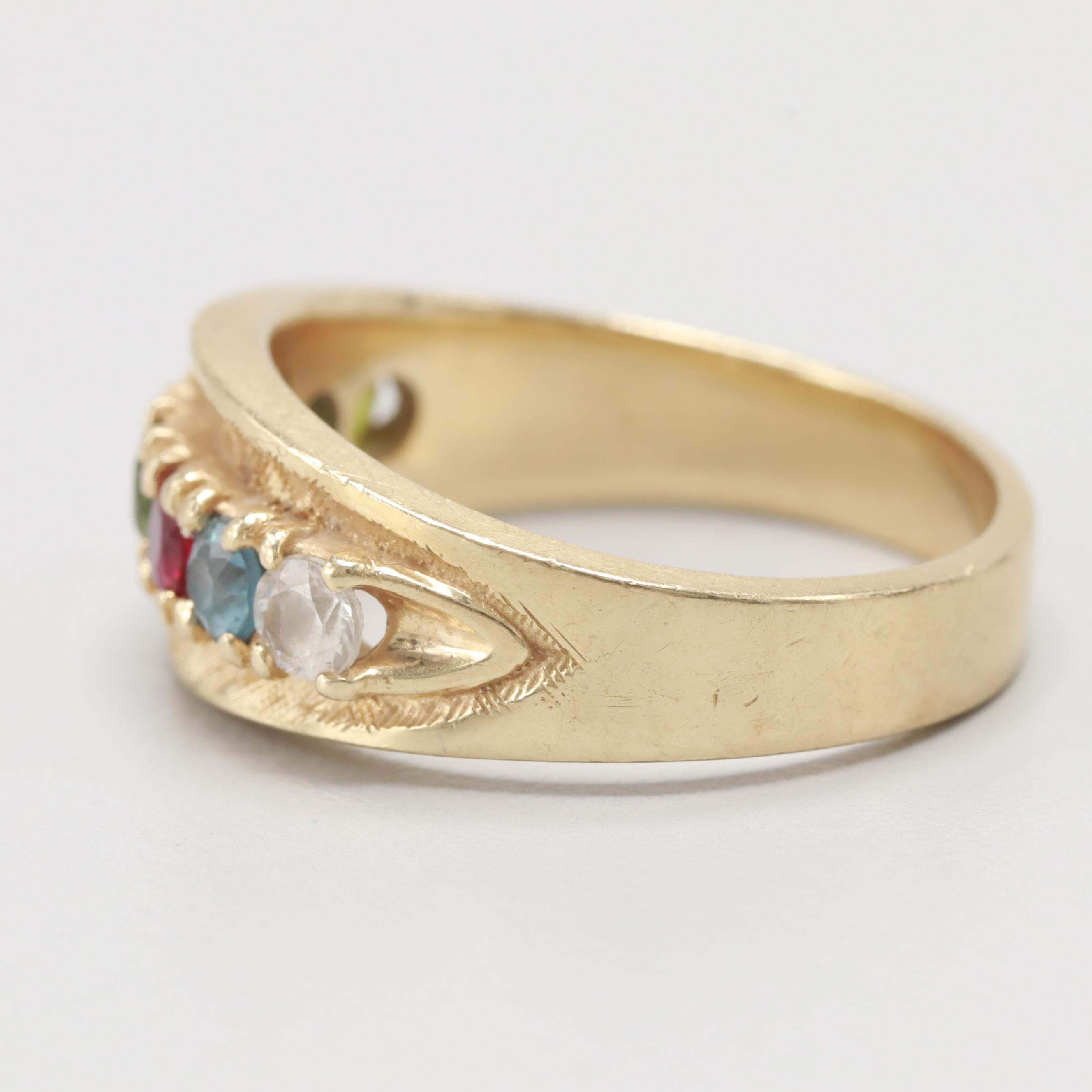 14K Yellow Gold Peridot, Synthetic Spinel and Synthetic Ruby Ring