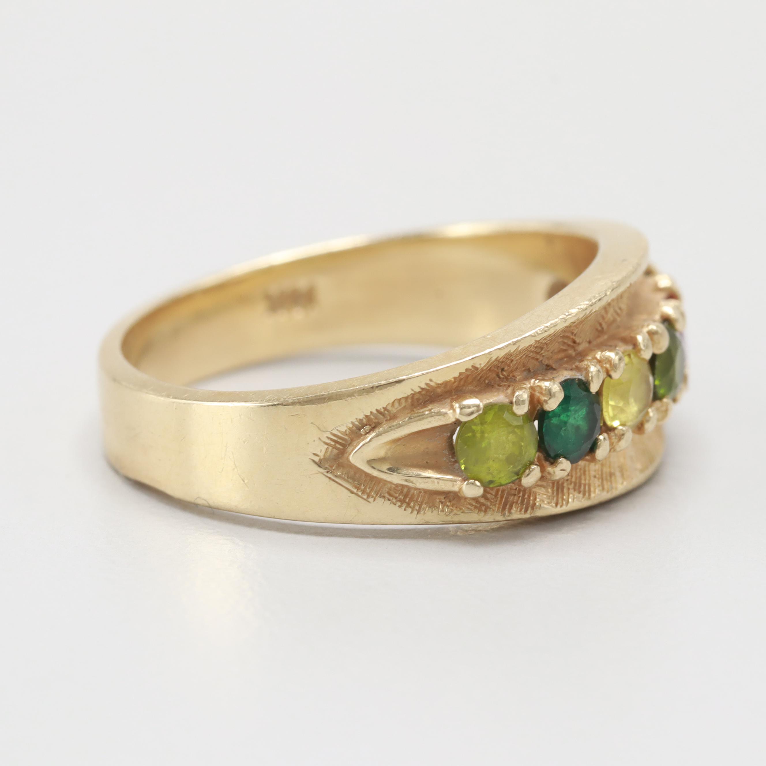 14K Yellow Gold Peridot, Synthetic Spinel and Synthetic Ruby Ring