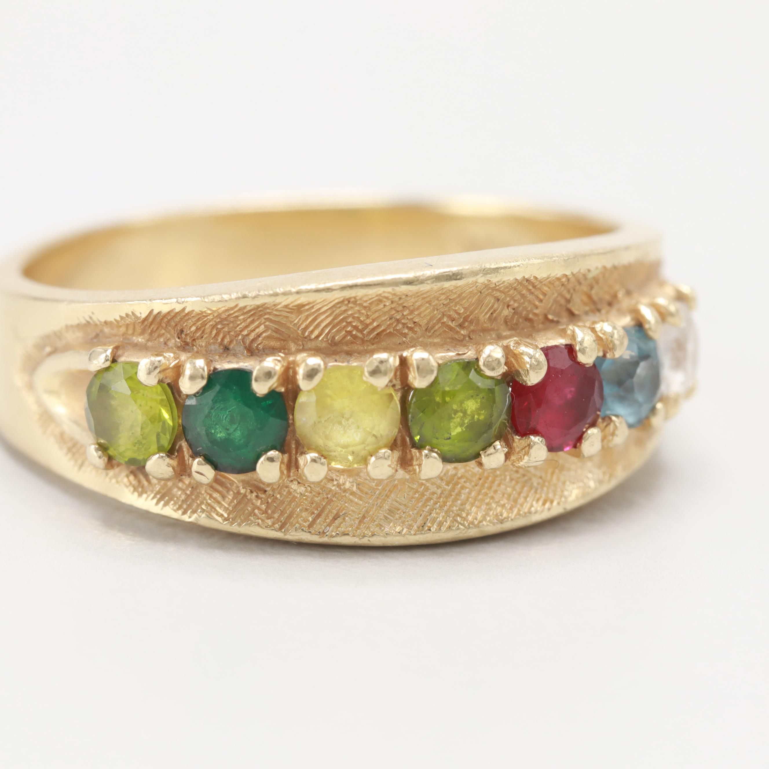 14K Yellow Gold Peridot, Synthetic Spinel and Synthetic Ruby Ring