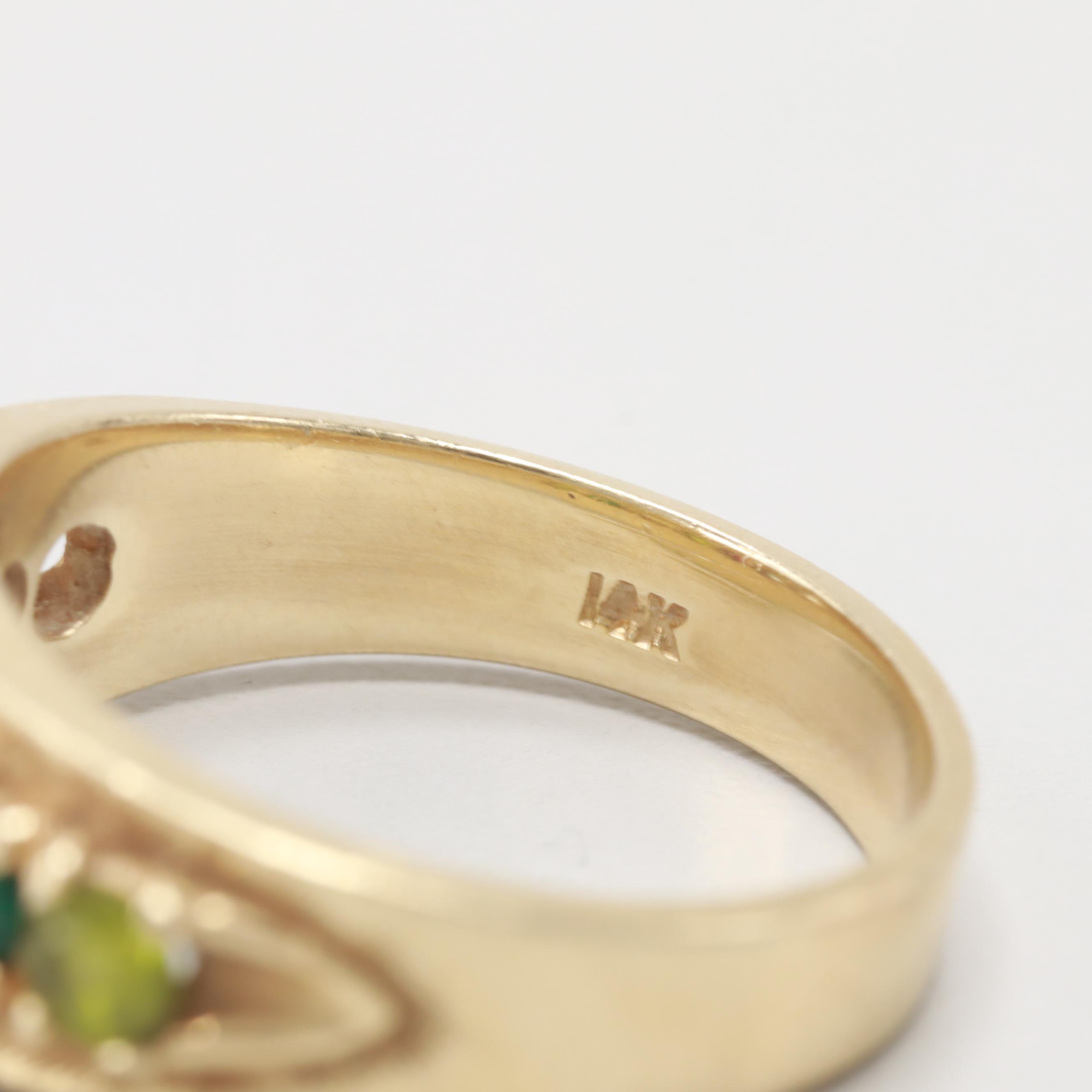 14K Yellow Gold Peridot, Synthetic Spinel and Synthetic Ruby Ring