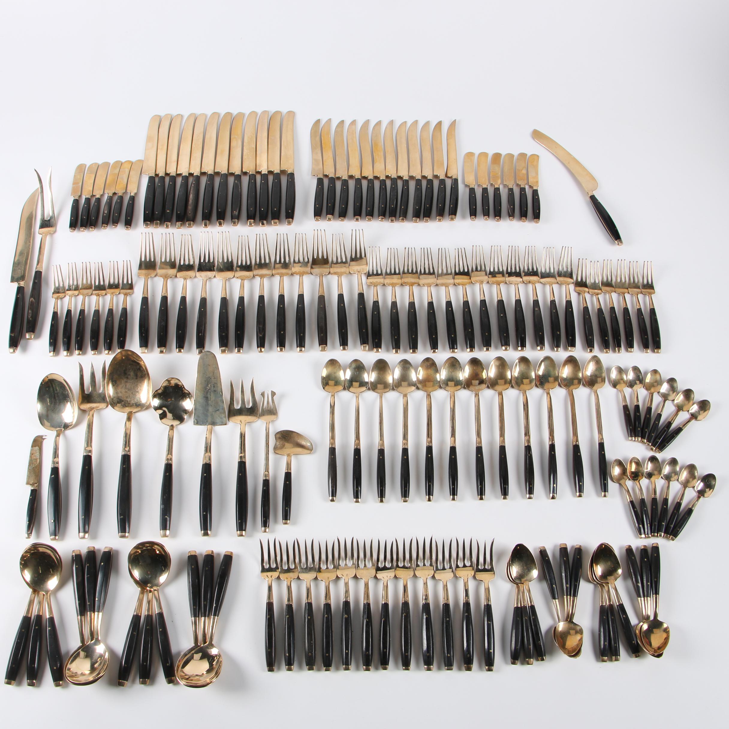 Mid-Century Thai Brass and Rosewood Flatware Service for Twelve