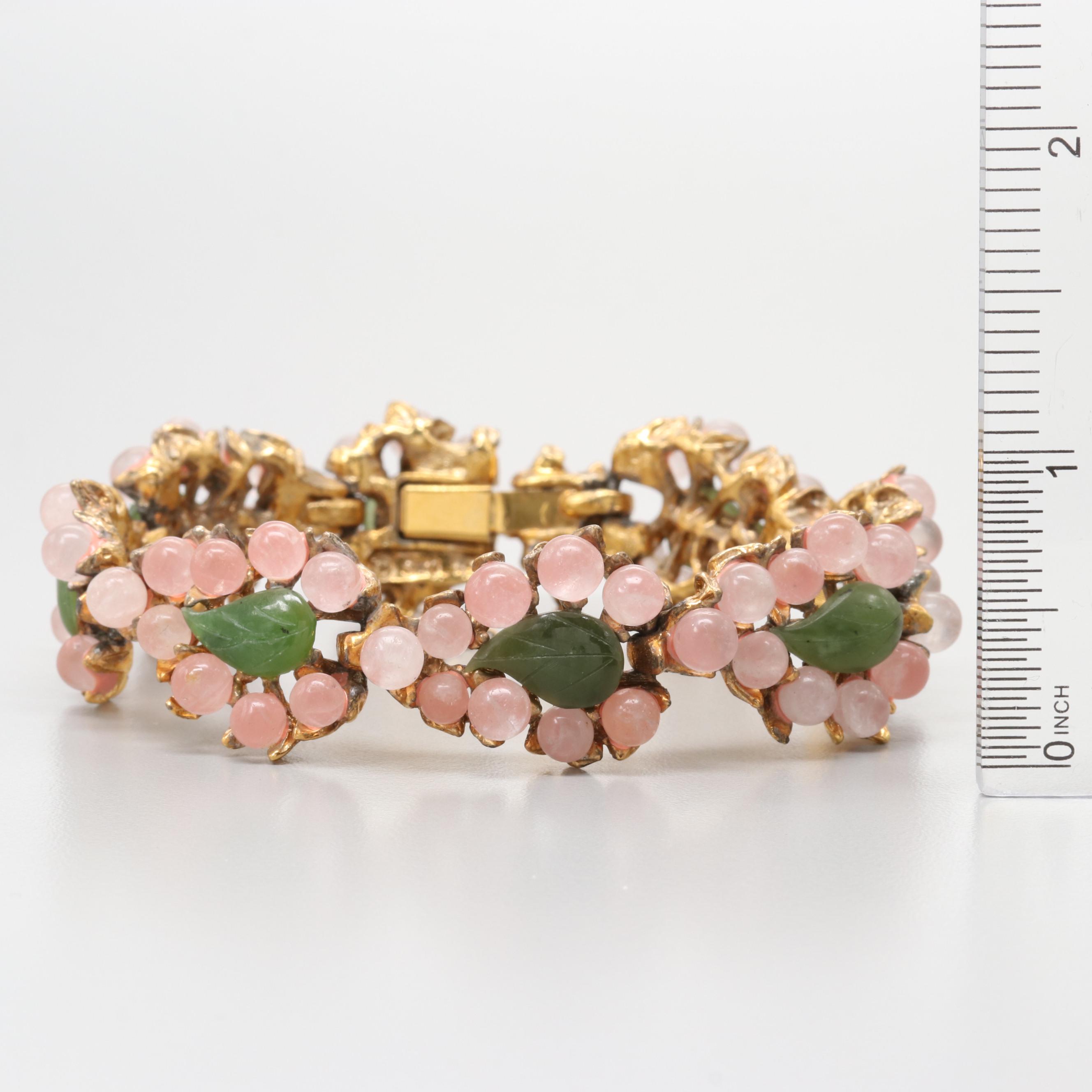 Circa 1960s Swoboda Gold Tone Rose Quartz and Serpentine Bracelet