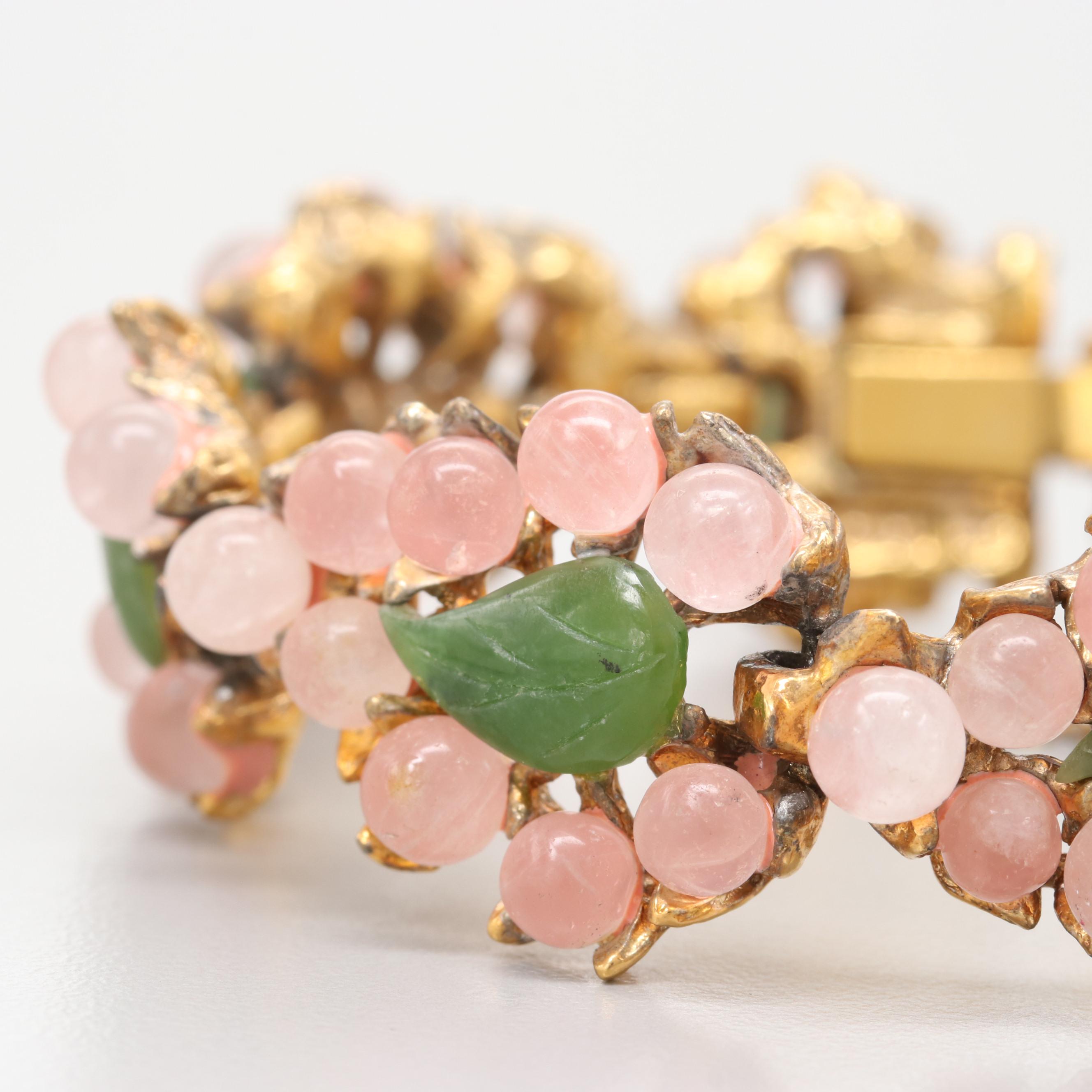 Circa 1960s Swoboda Gold Tone Rose Quartz and Serpentine Bracelet