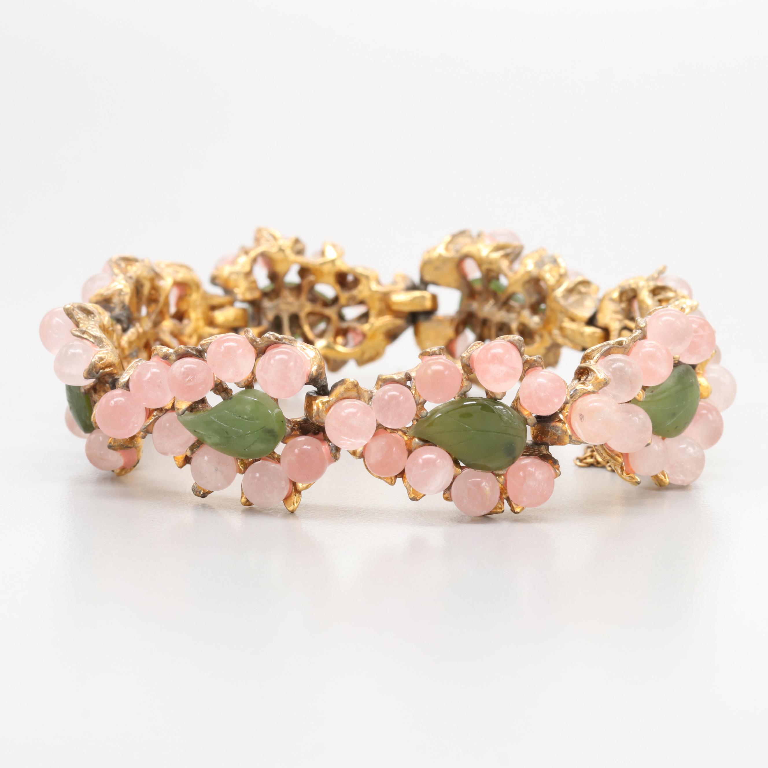 Circa 1960s Swoboda Gold Tone Rose Quartz and Serpentine Bracelet