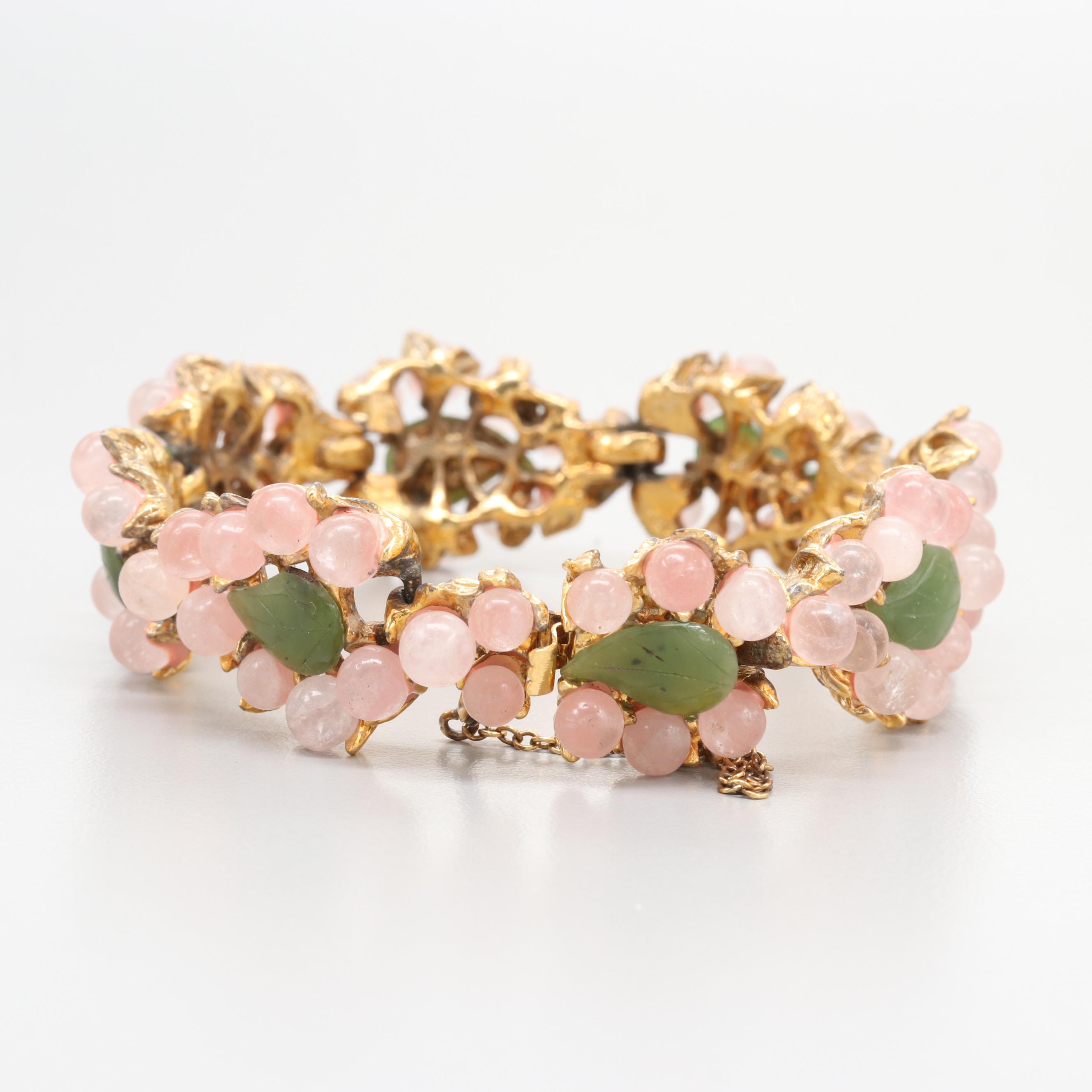 Circa 1960s Swoboda Gold Tone Rose Quartz and Serpentine Bracelet
