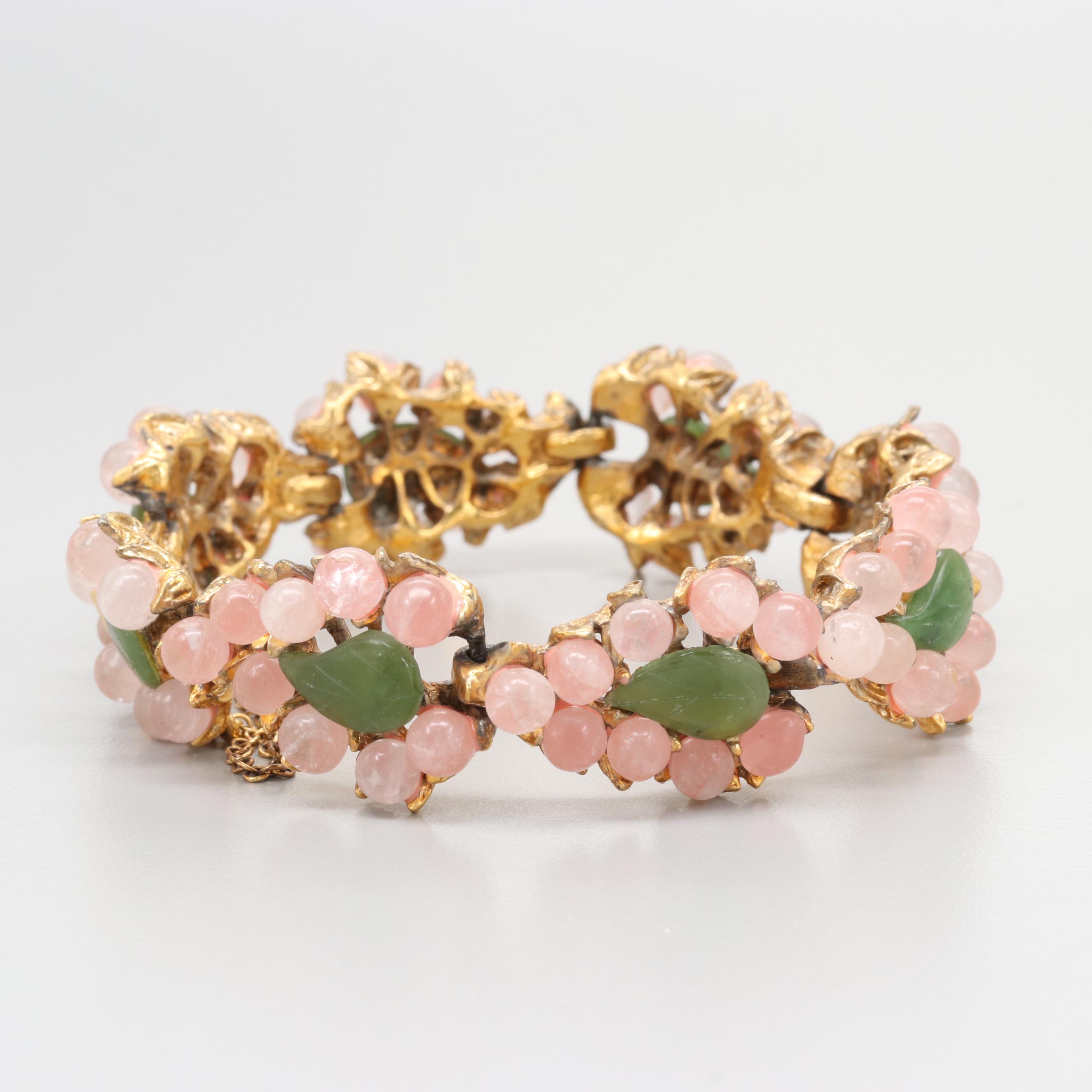 Circa 1960s Swoboda Gold Tone Rose Quartz and Serpentine Bracelet