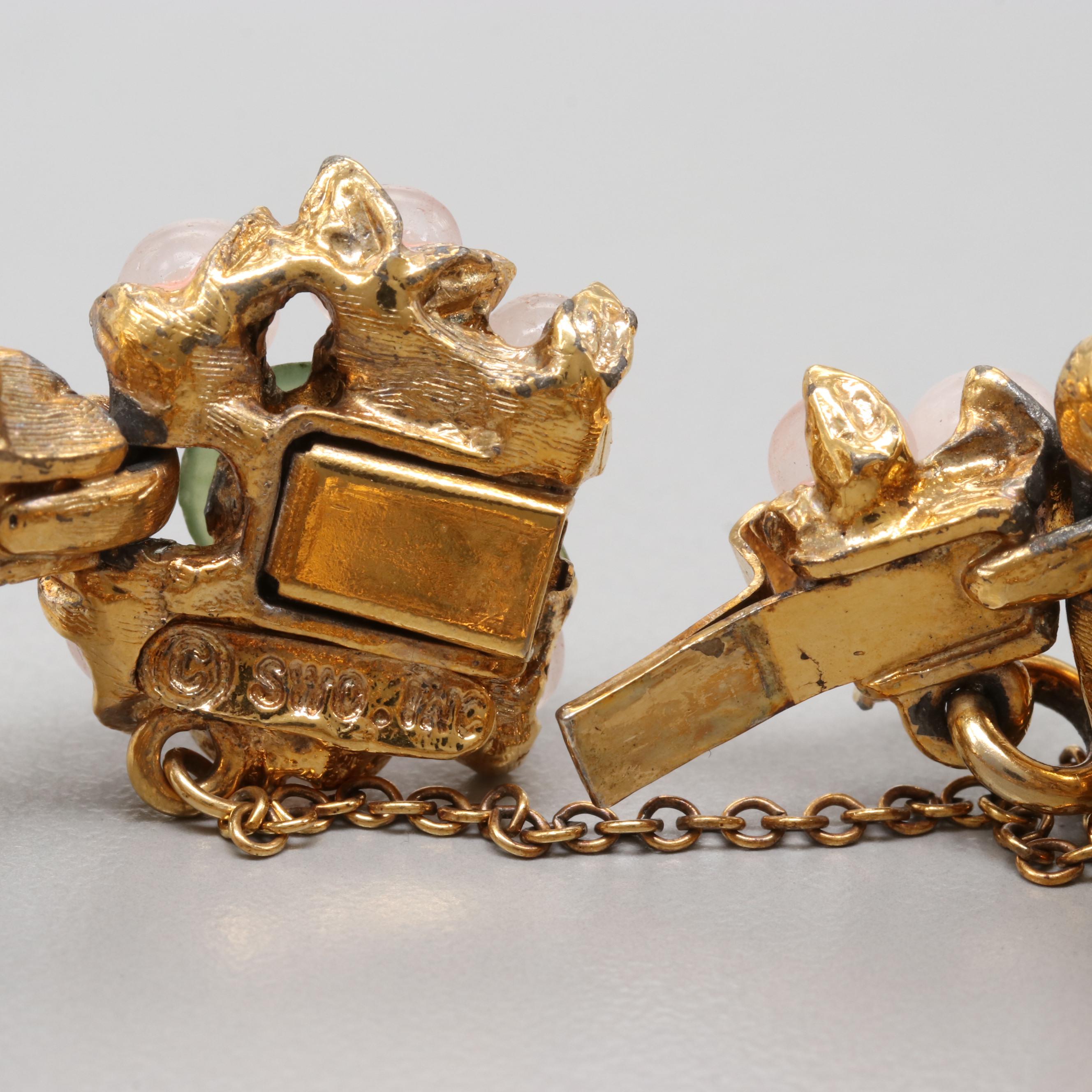 Circa 1960s Swoboda Gold Tone Rose Quartz and Serpentine Bracelet