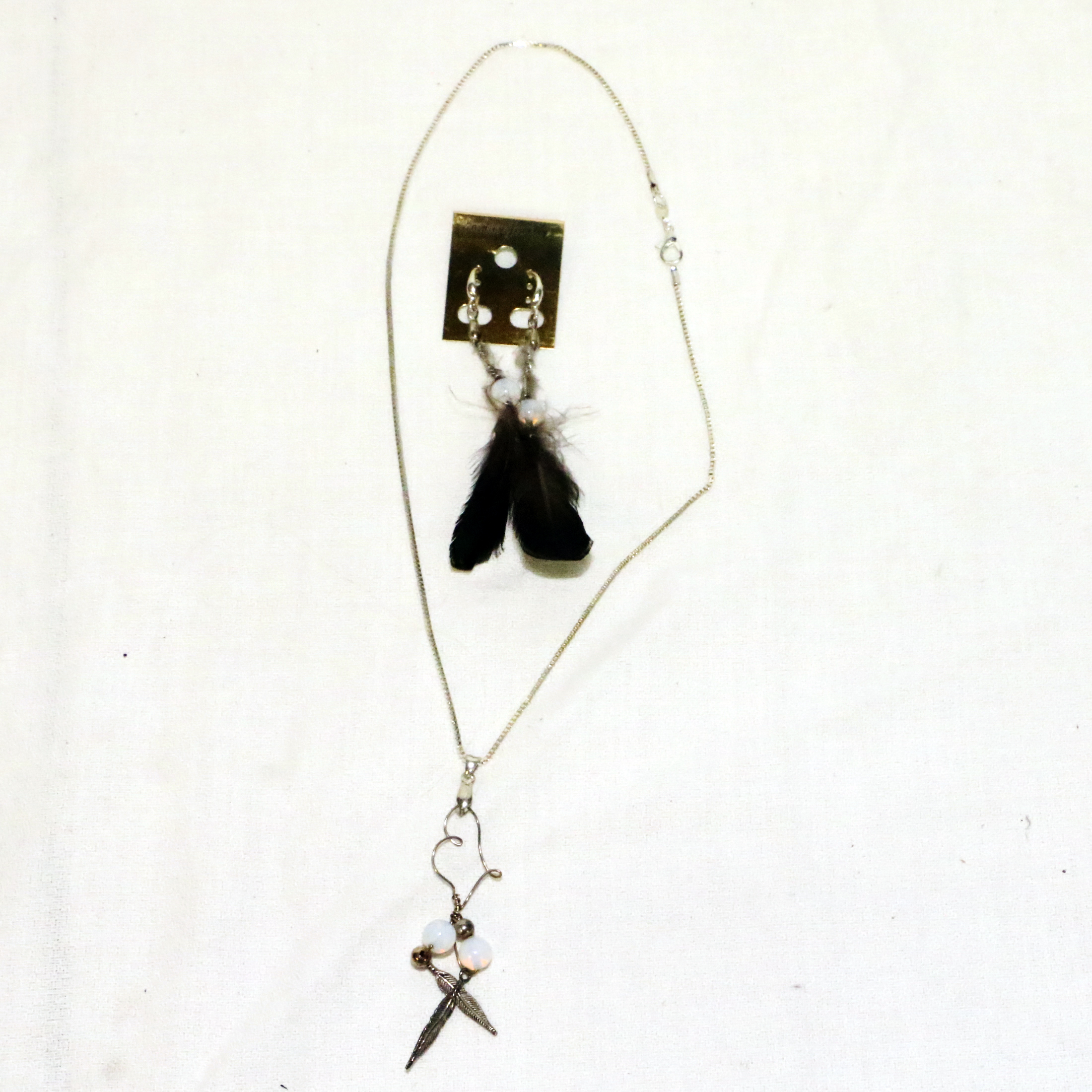 Southwestern Style Earrings and Pendant Necklace With Opalite and Feathers